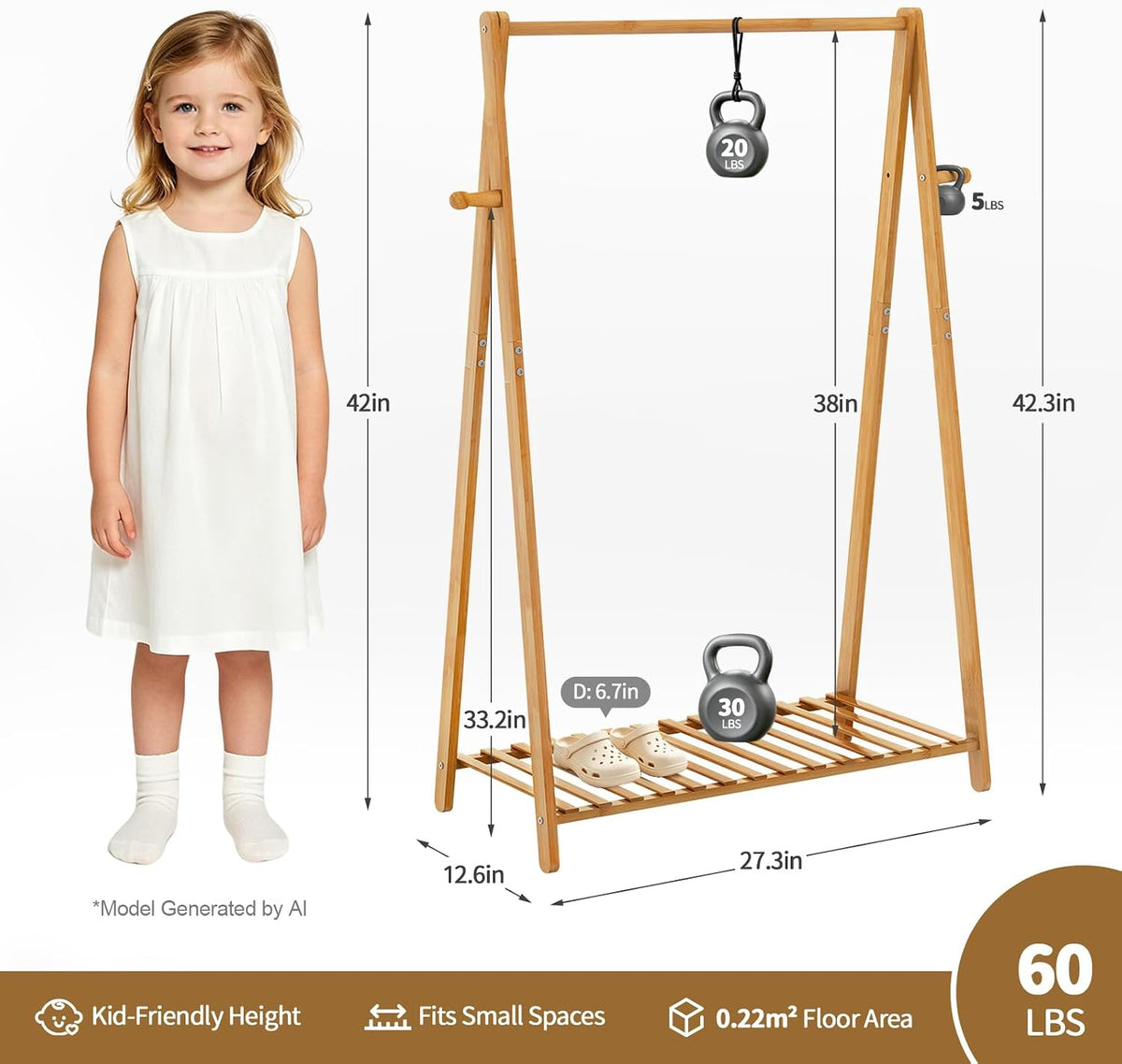 Rack shown with measurement callouts and weight icons beside a child to indicate size and capacity.