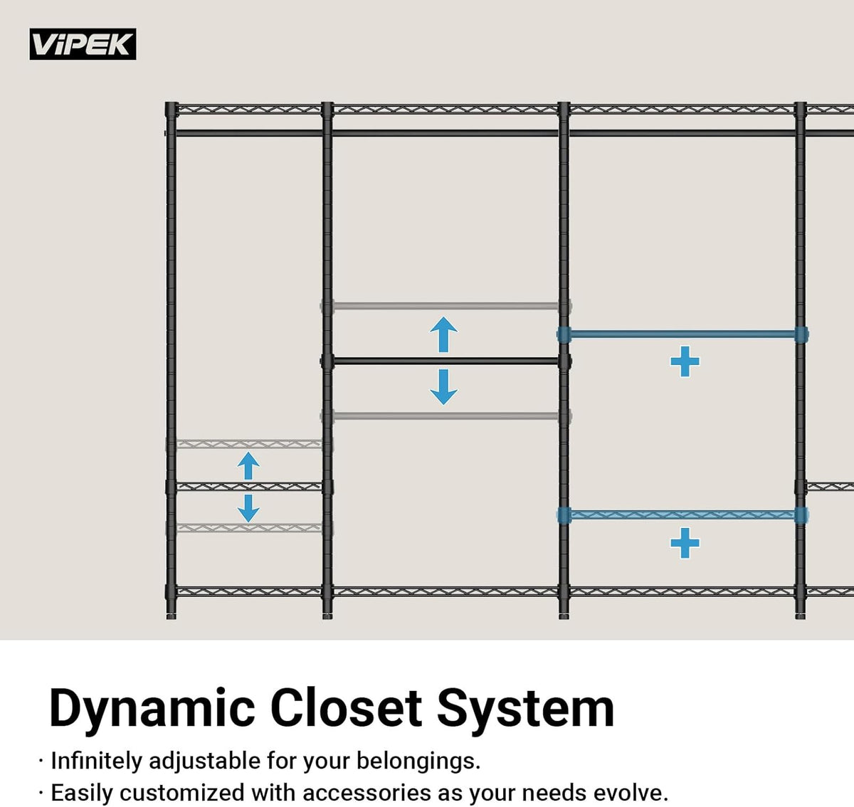Line-art diagram of three connected shelving sections with arrows indicating adjustable shelves and add-on bars.
