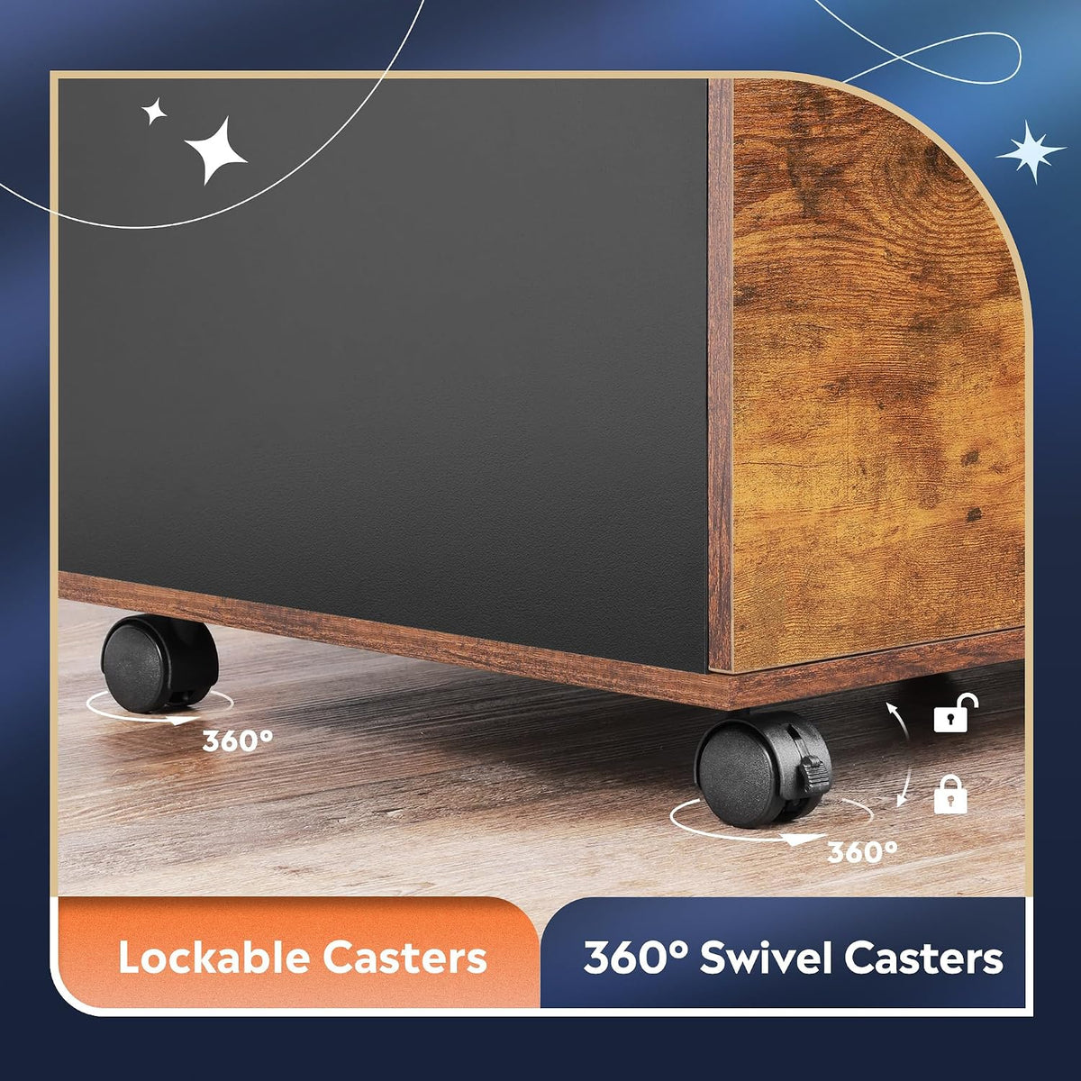 Close-up of caster wheels under the cabinet showing 360-degree swivel lockable casters on a wood floor