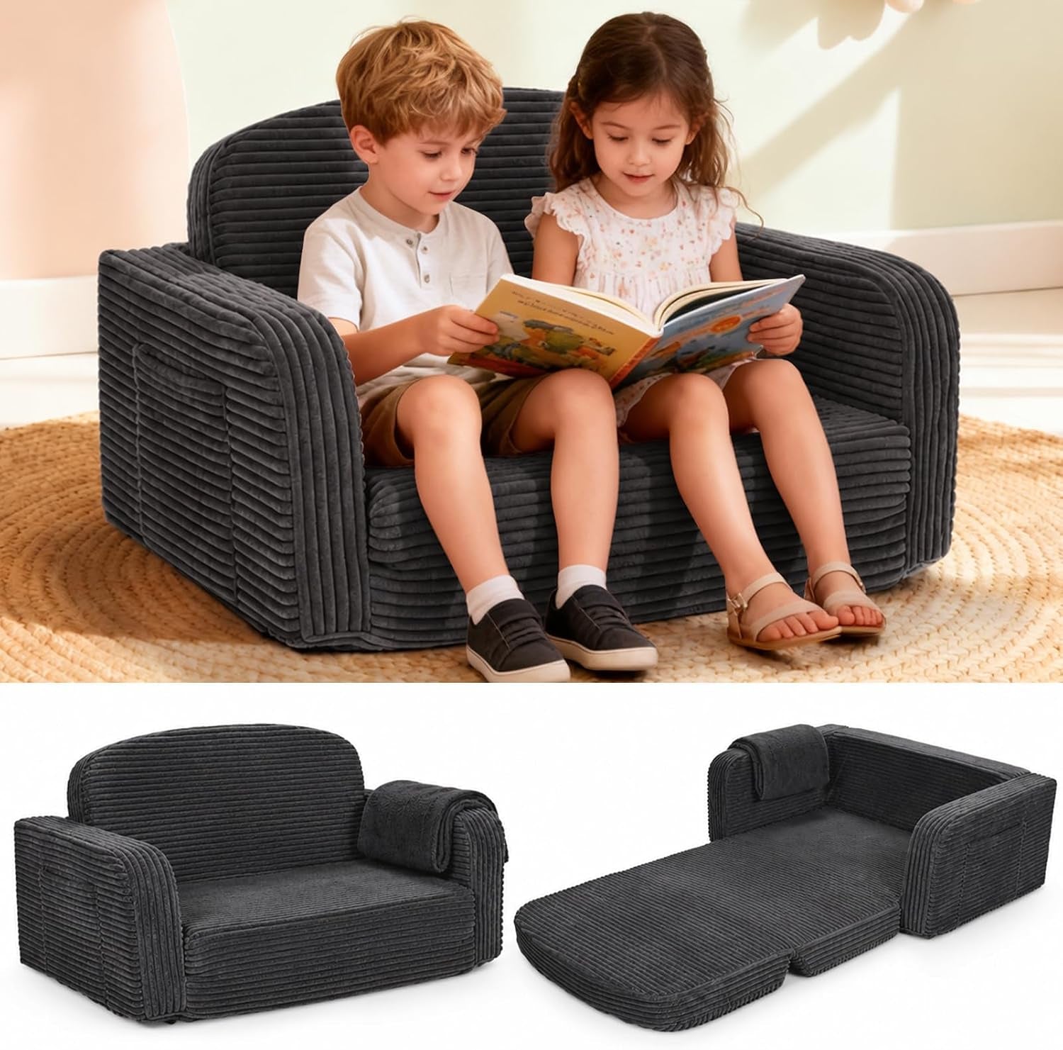 Two kids sitting on a dark gray corduroy toddler couch shown above matching folded and unfolded configurations