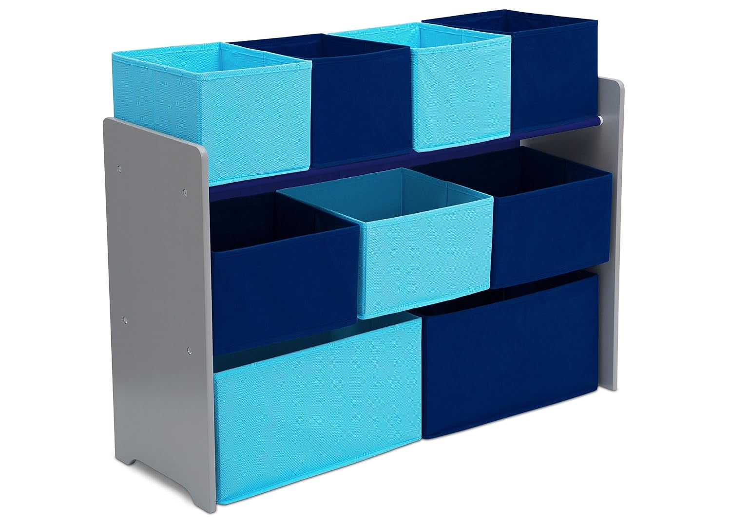Front view of the gray frame organizer with alternating navy and aqua fabric storage bins, empty and on white background.