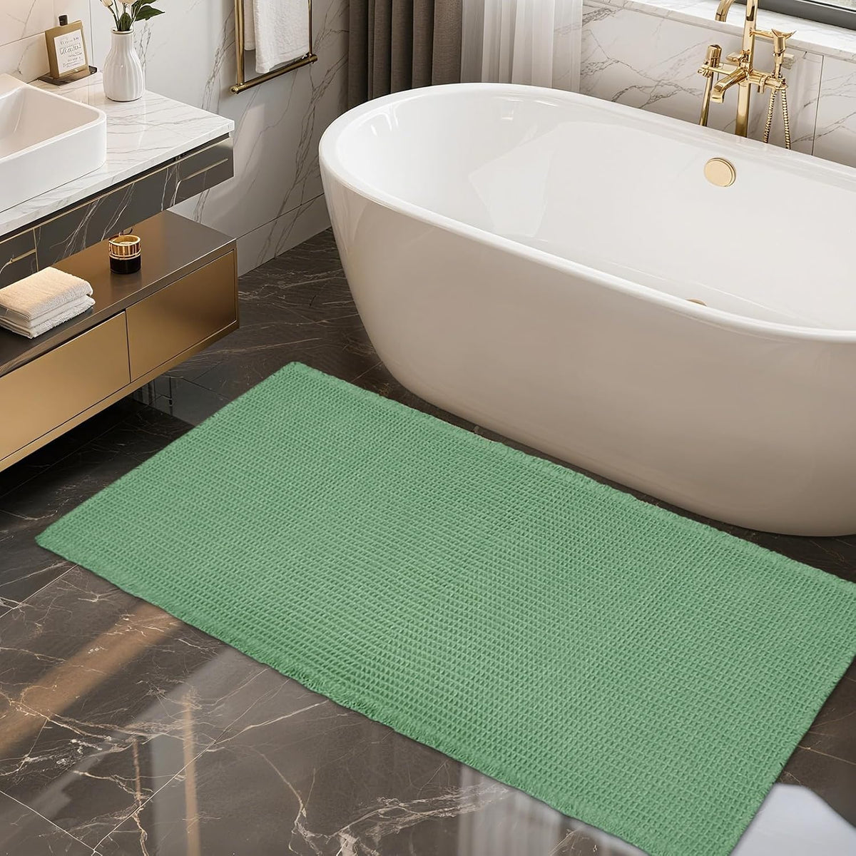 Mint green waffle bath mat next to a white freestanding tub and gold faucet.