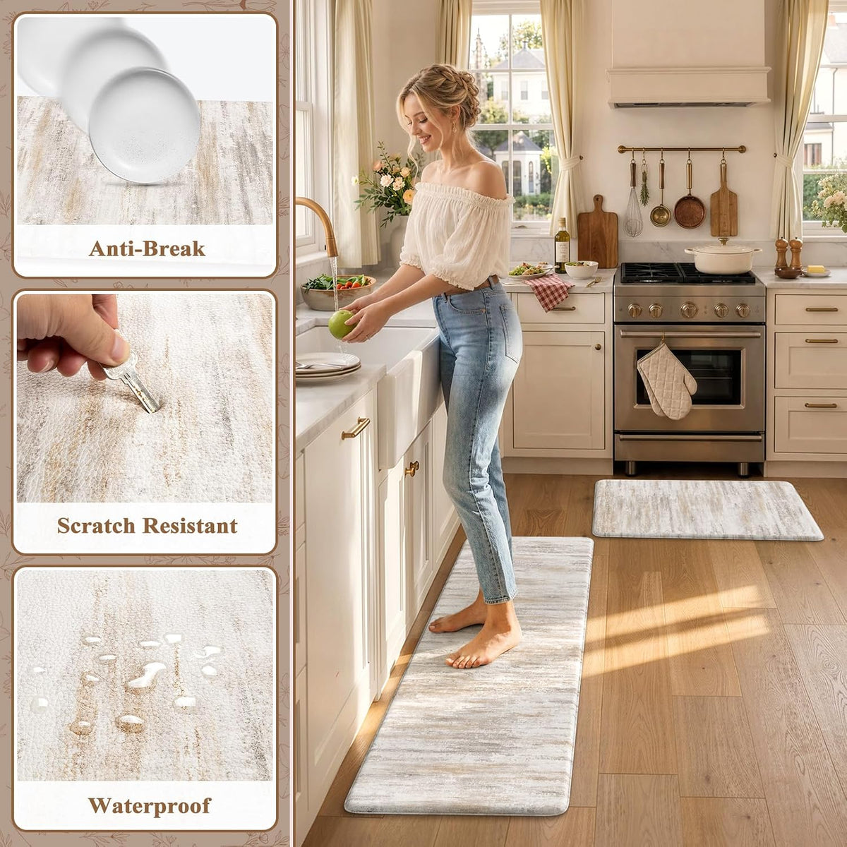 Woman standing barefoot at a kitchen sink on a long runner with a smaller matching mat near the oven