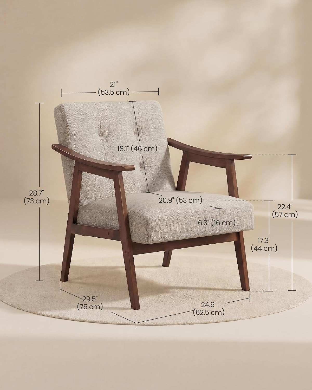 Straight-on view of the chair with dimension lines and measurements overlaid on a neutral background.