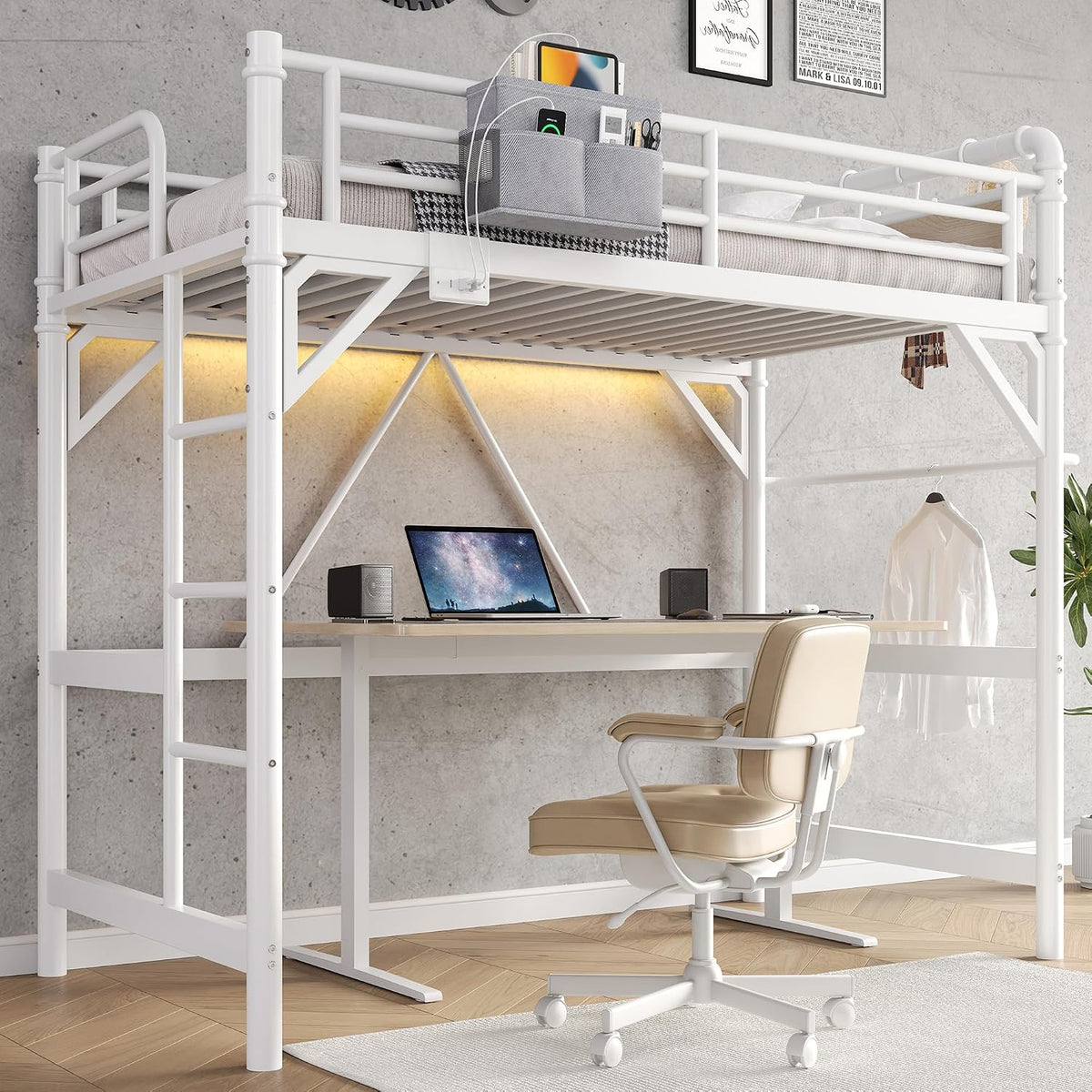 White metal loft bed over a desk, ladder at left and warm LED strip lighting beneath the bed
