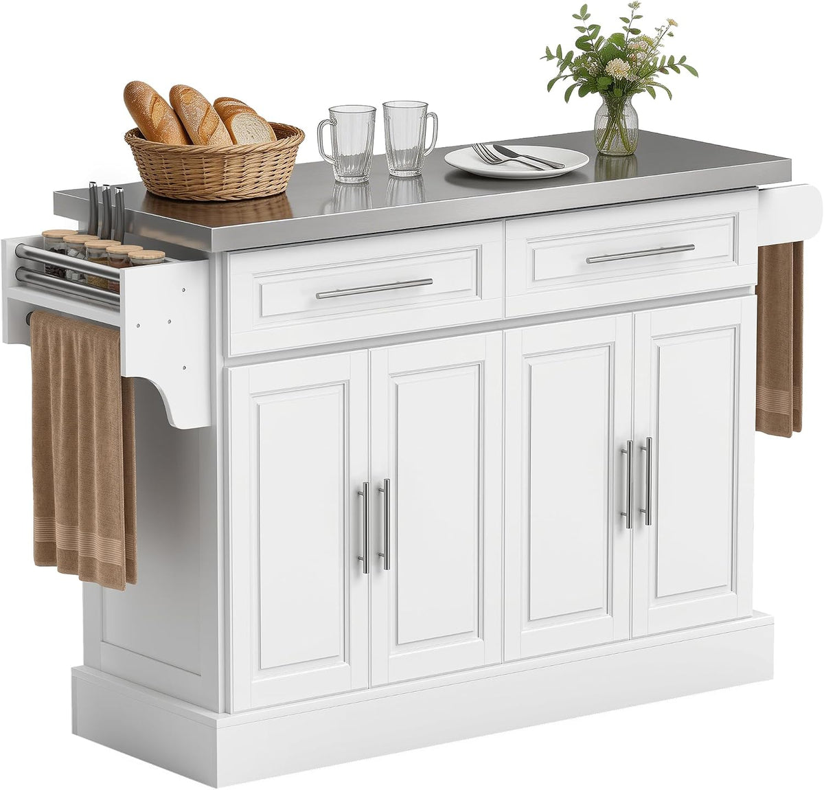 White kitchen island with stainless top, bread basket and vase on top, side towel rack and spice compartments