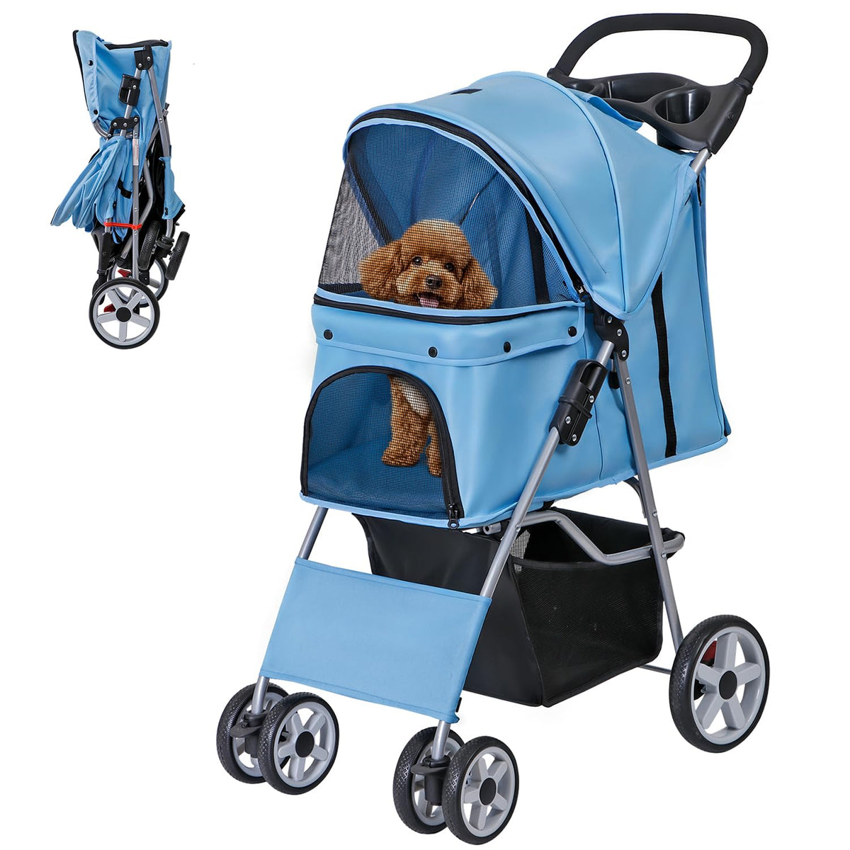 Light blue pet stroller in studio with mesh front showing a small brown dog and inset folded view.