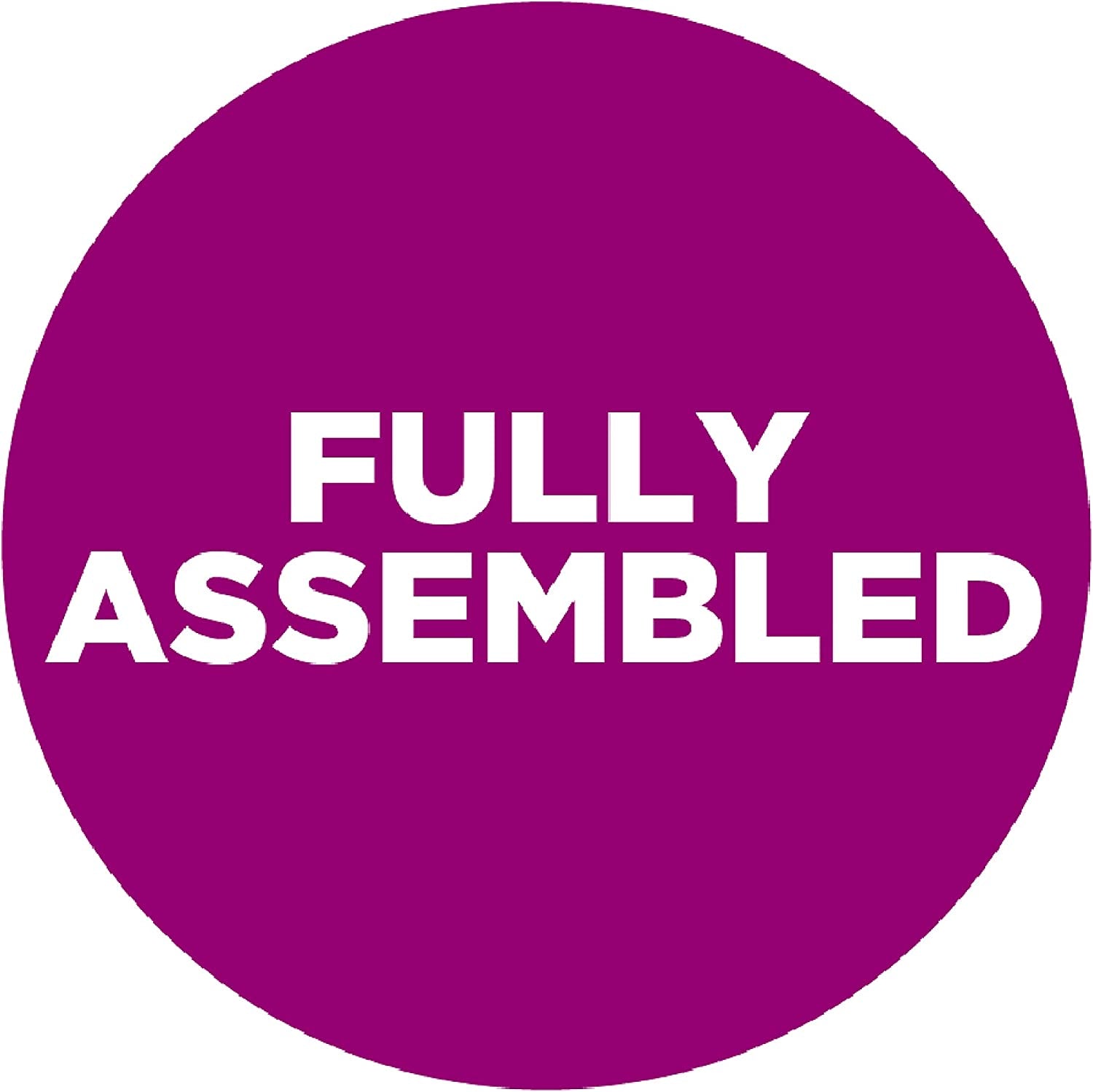 Circular magenta badge graphic with bold white lettering centered on a white background