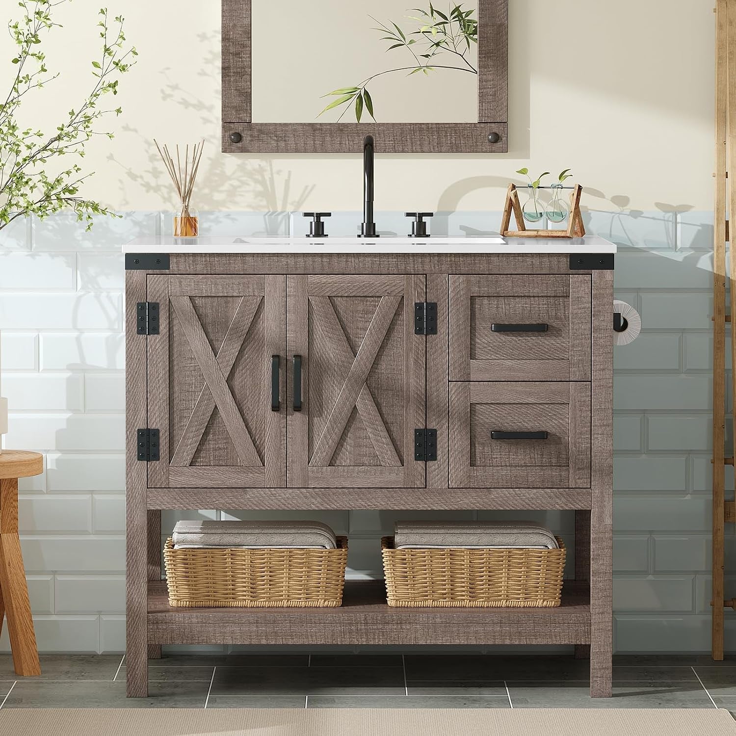 Gray wood-effect vanity with two center X-panel doors and two right-side drawers
