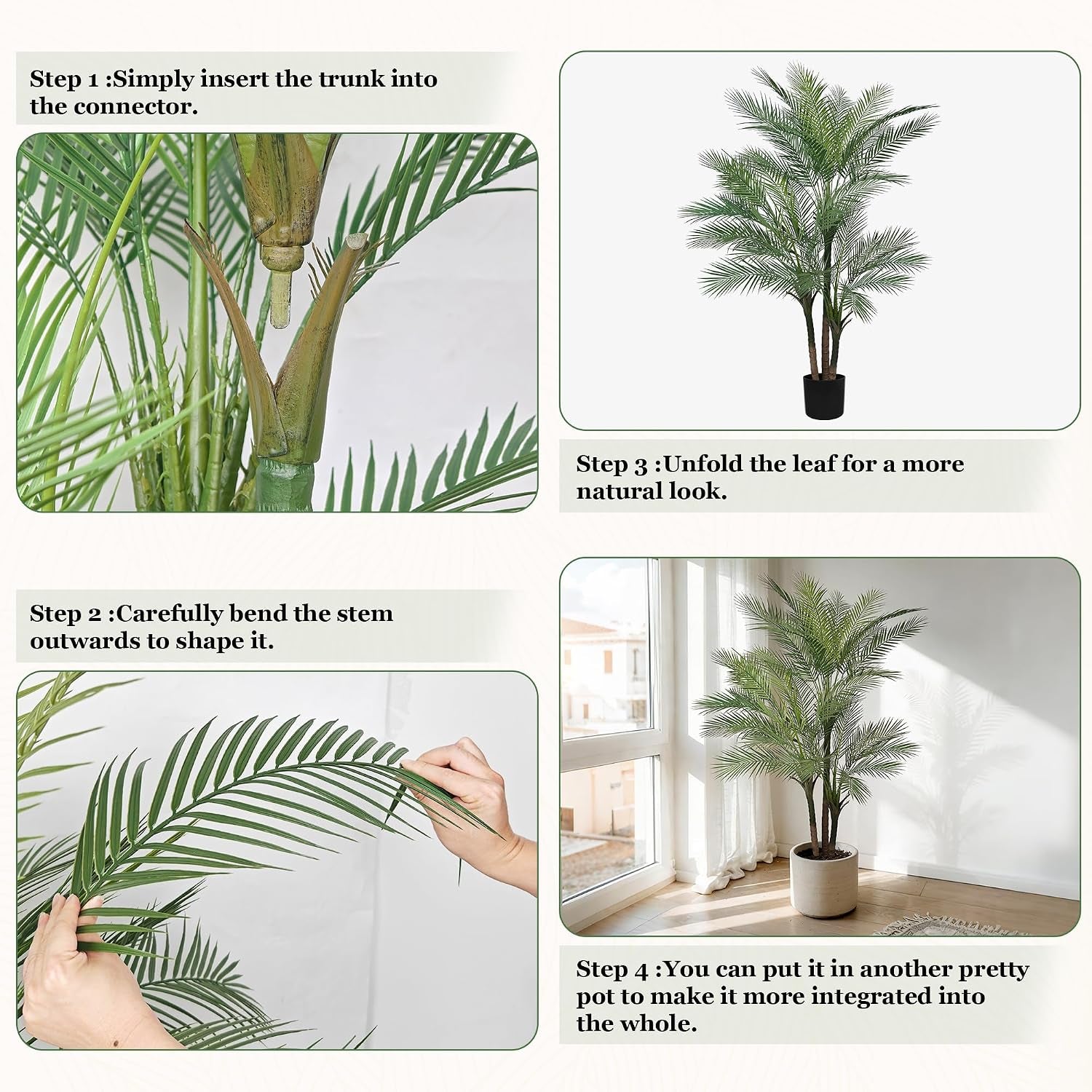 Instruction collage showing a trunk connector close-up, hands bending a frond, and the styled palm by a sunlit window.