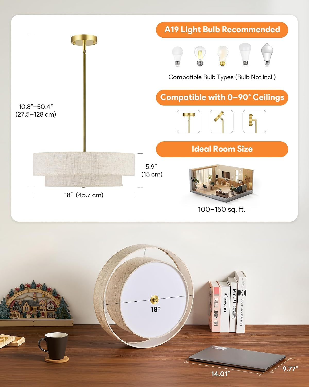 Infographic showing the 18-inch drum chandelier dimensions, adjustable drop range, and recommended room size