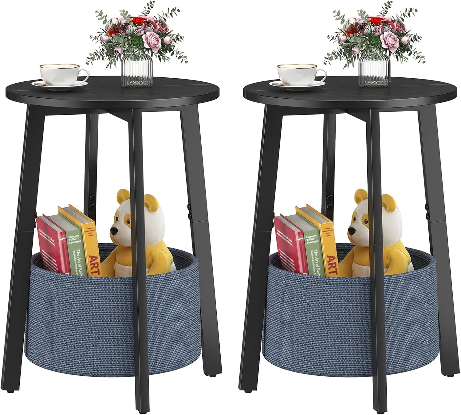 Two identical black-top round side tables with blue cloth baskets shown side by side, each styled with cup and flowers.