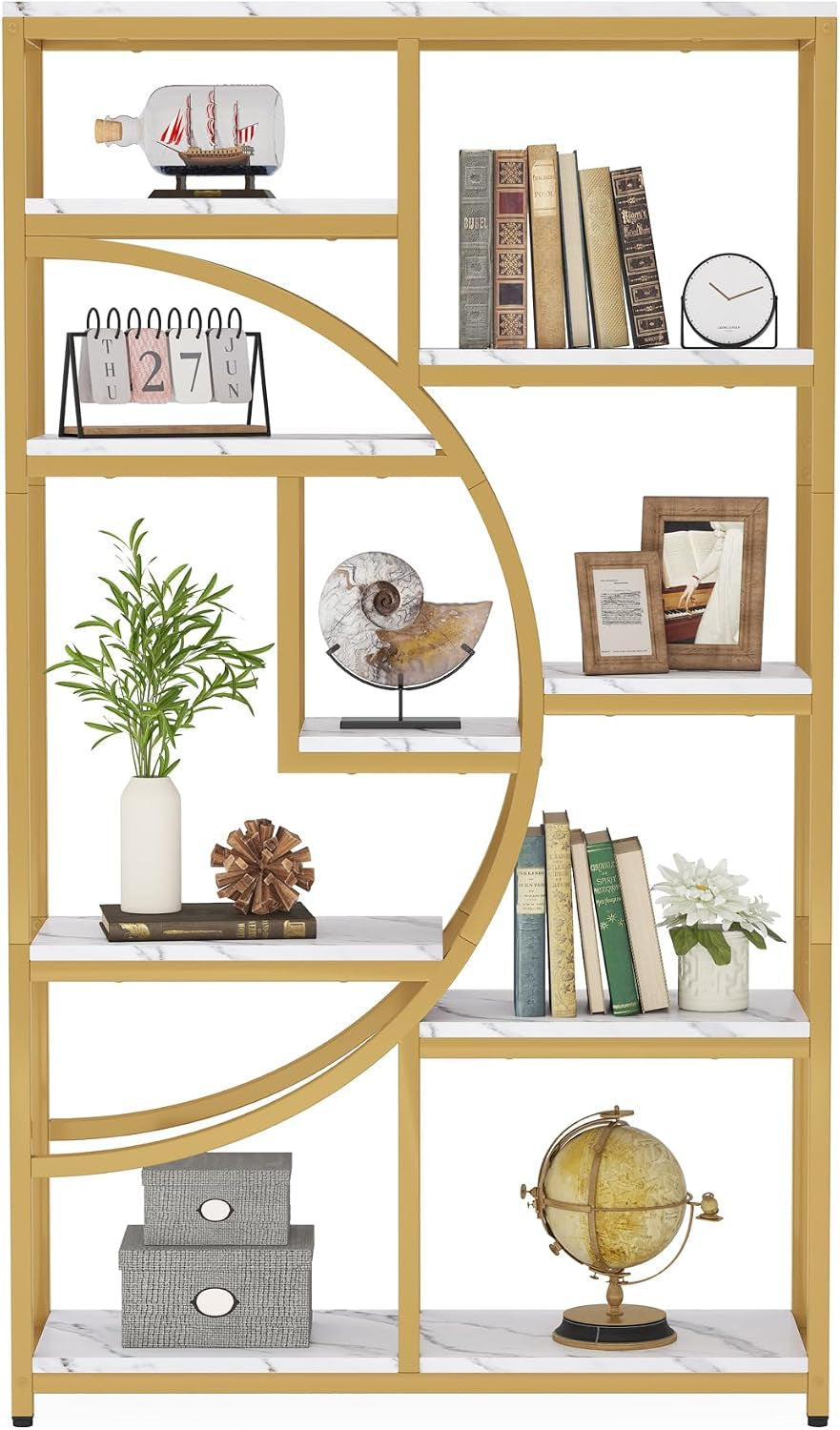 Straight-on view of a single bookshelf with decorative items on white background
