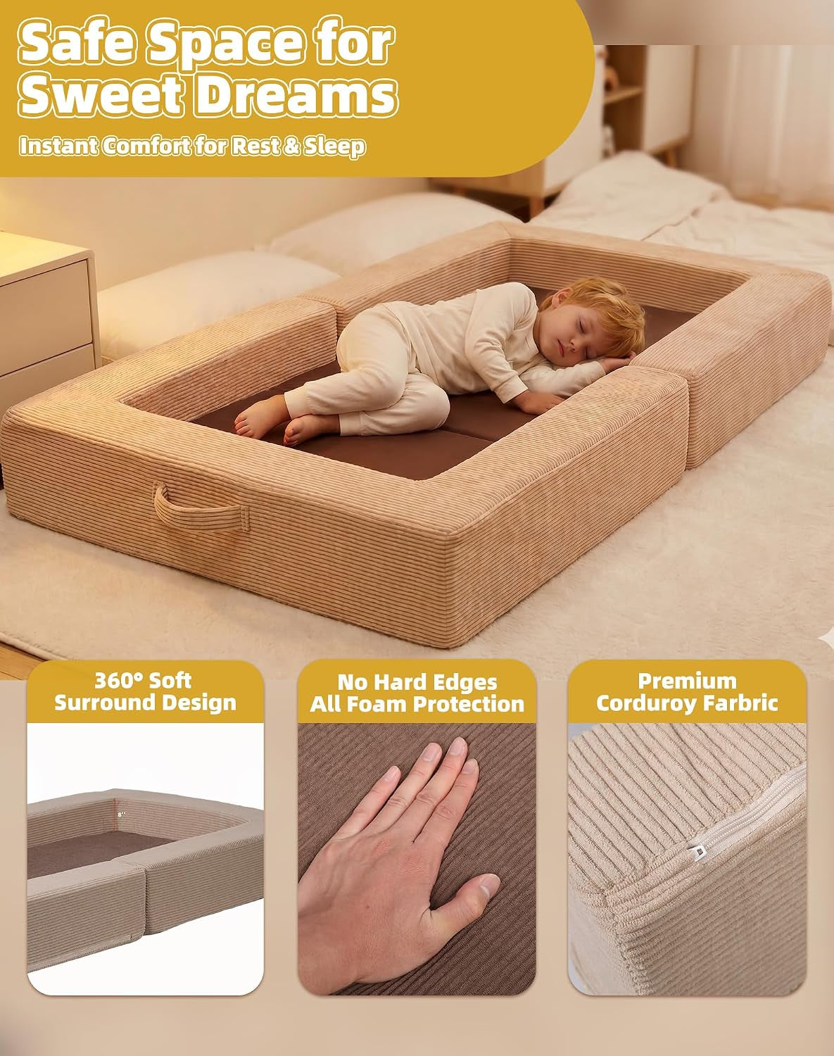 Child sleeping inside the beige foam surround; three small detail panels show corner surround, hand pressing mattress, and