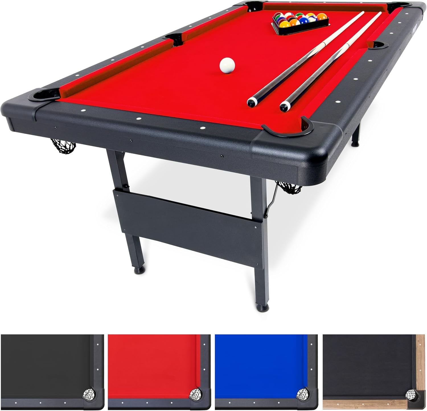 Angled view of a pool table with bright red felt, black rails, two cues and a racked set of balls