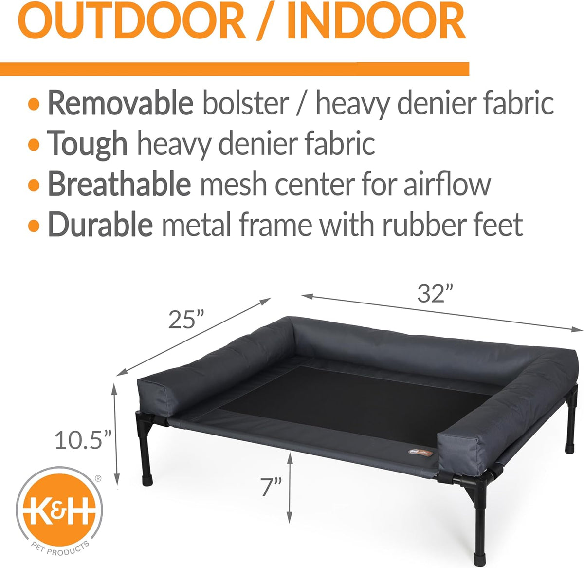 Charcoal pet cot shown with arrows and labels indicating 32 x 25 inch dimensions and 7-inch ground clearance