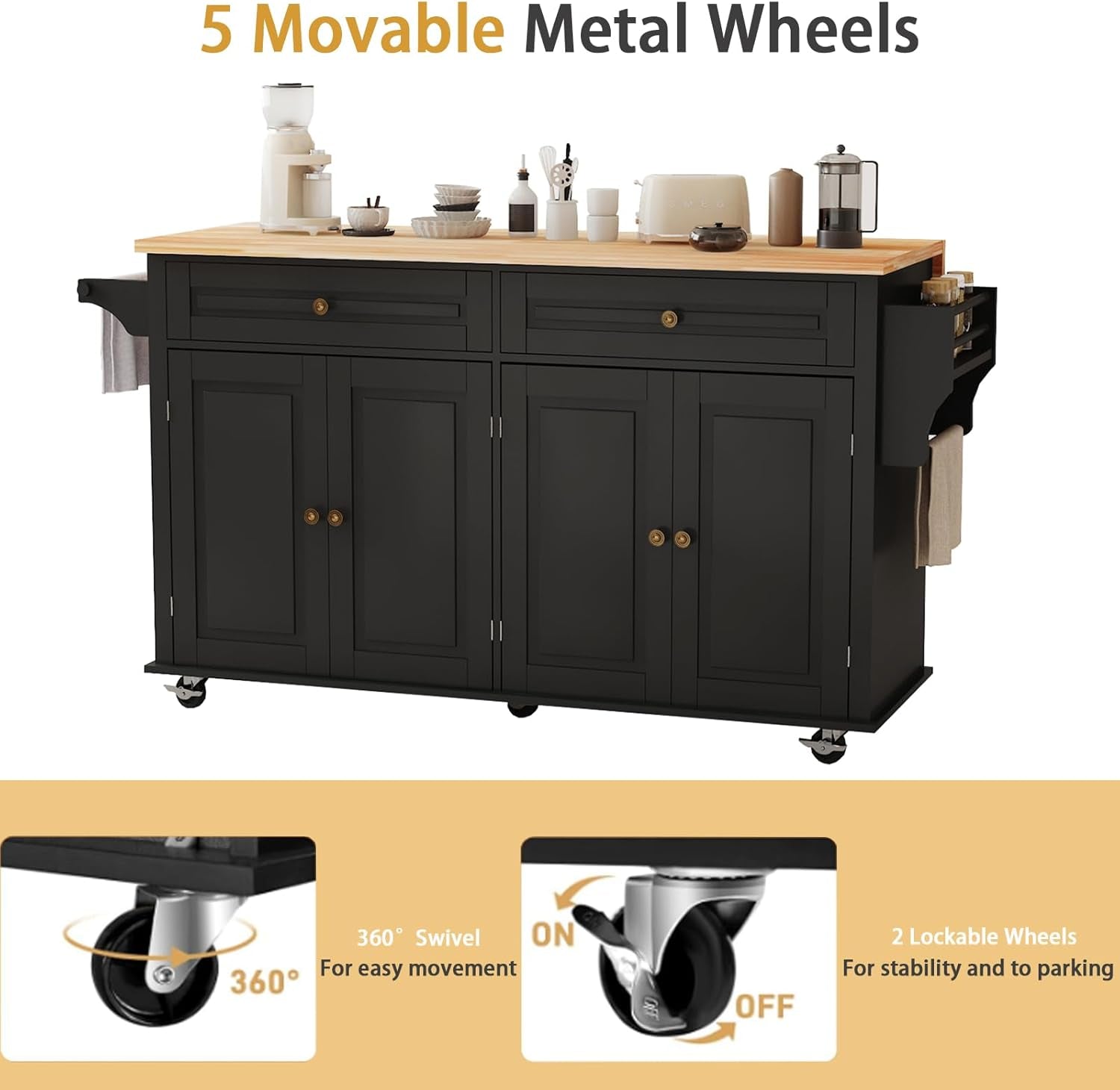 Black rolling kitchen island with wood top, towel rack and inset caster close-ups at bottom