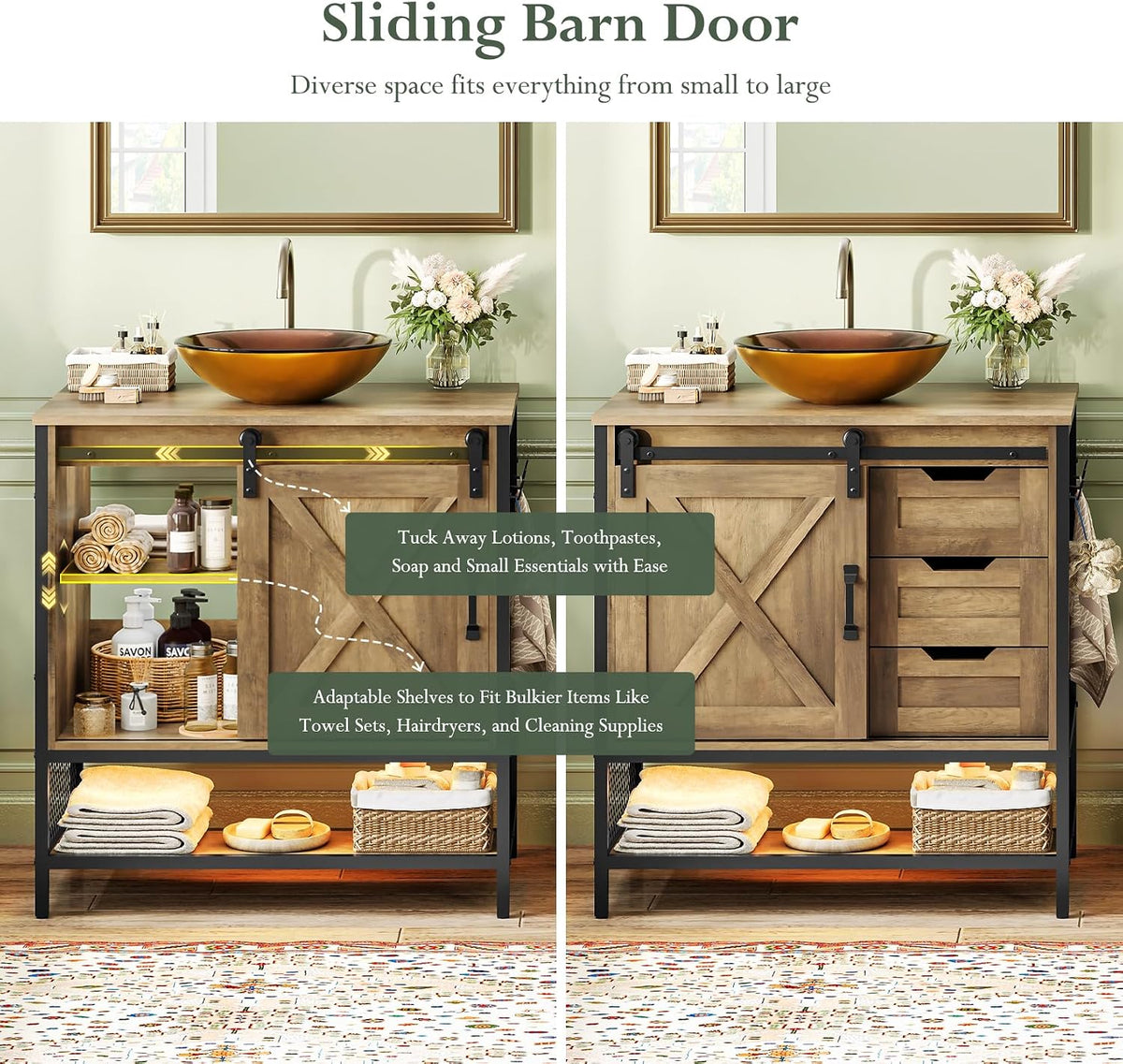 Two views of the vanity showing the sliding barn door and an adjustable interior shelf stocked with toiletries