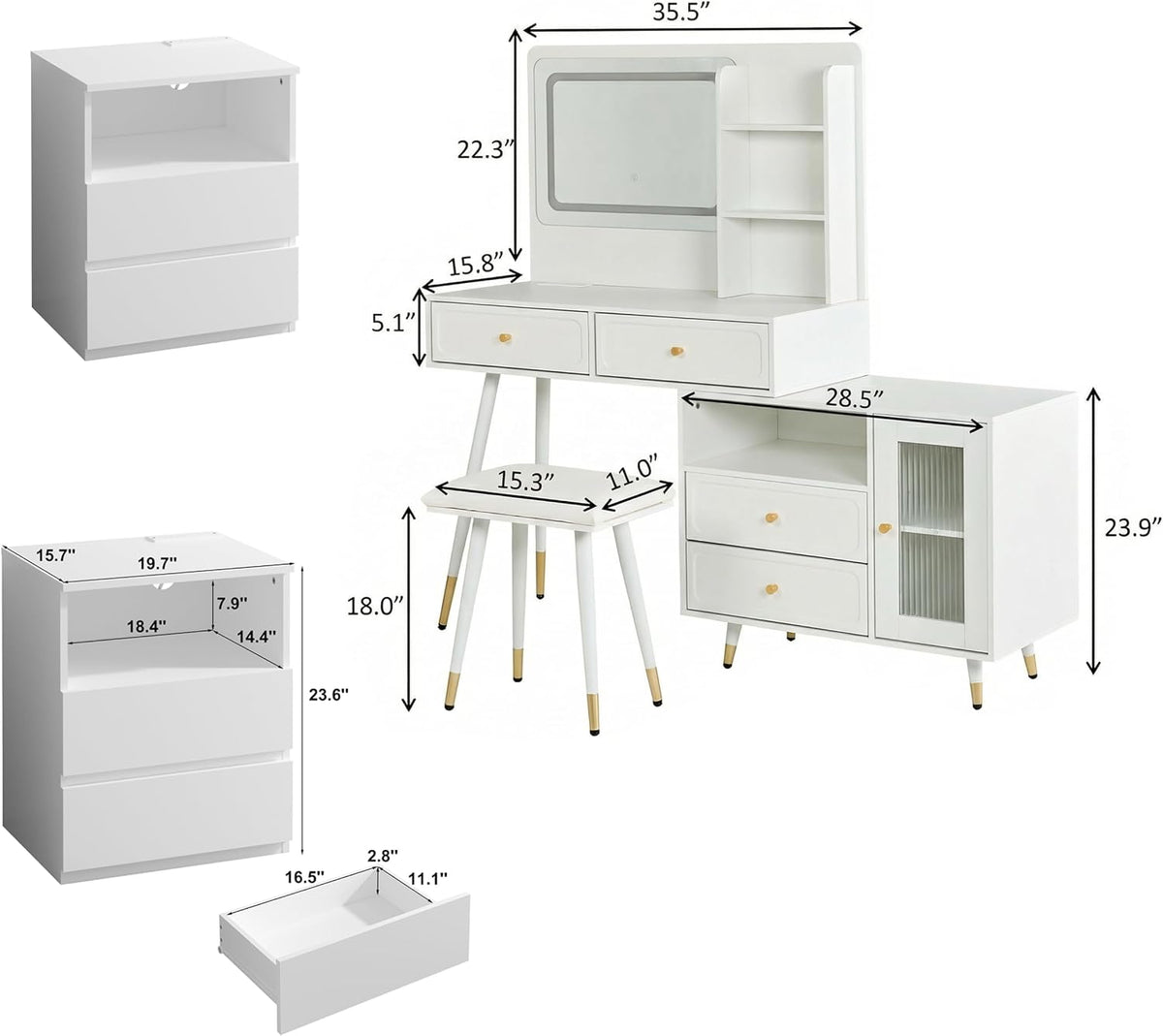 Vanity and nightstand dimensional diagram showing mirror, stool and storage measurements for the set
