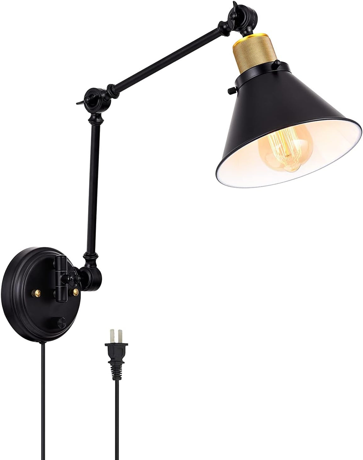 Black metal swing-arm wall sconce angled front view with white interior shade and visible plug cord