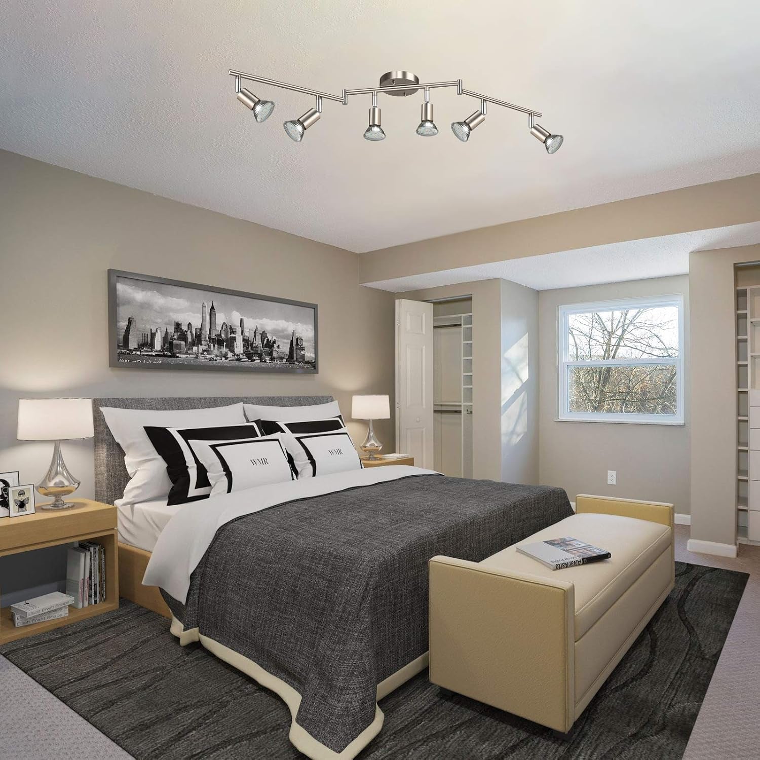 Matt nickel 6-light fixture installed on a bedroom ceiling in a staged interior setting