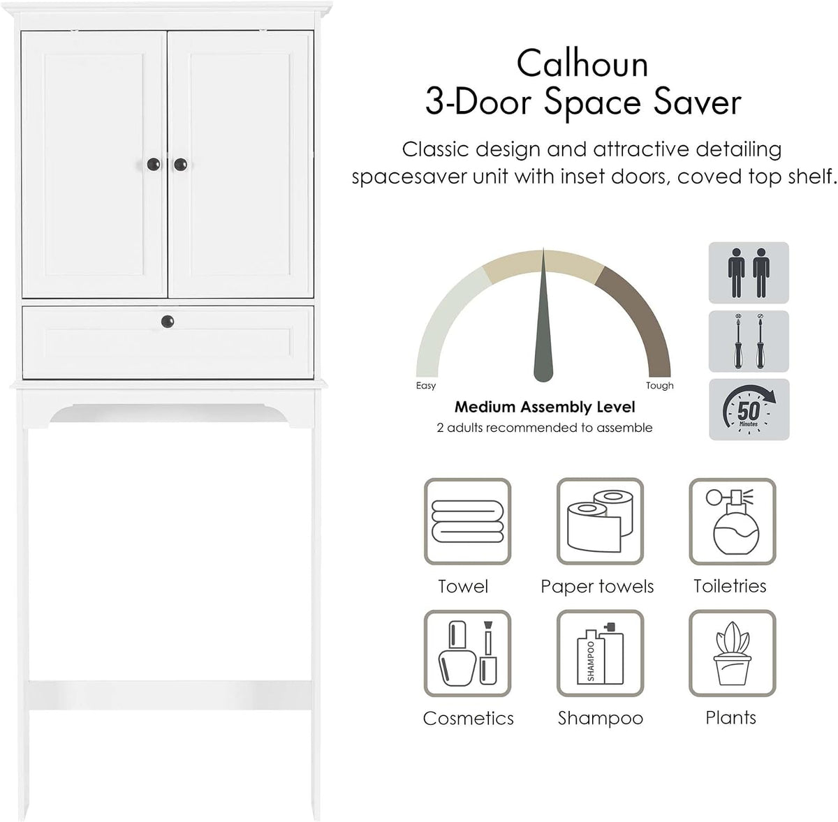Front-facing product diagram labeled as a 3-door space saver with icons for towels, paper, toiletries and cosmetics