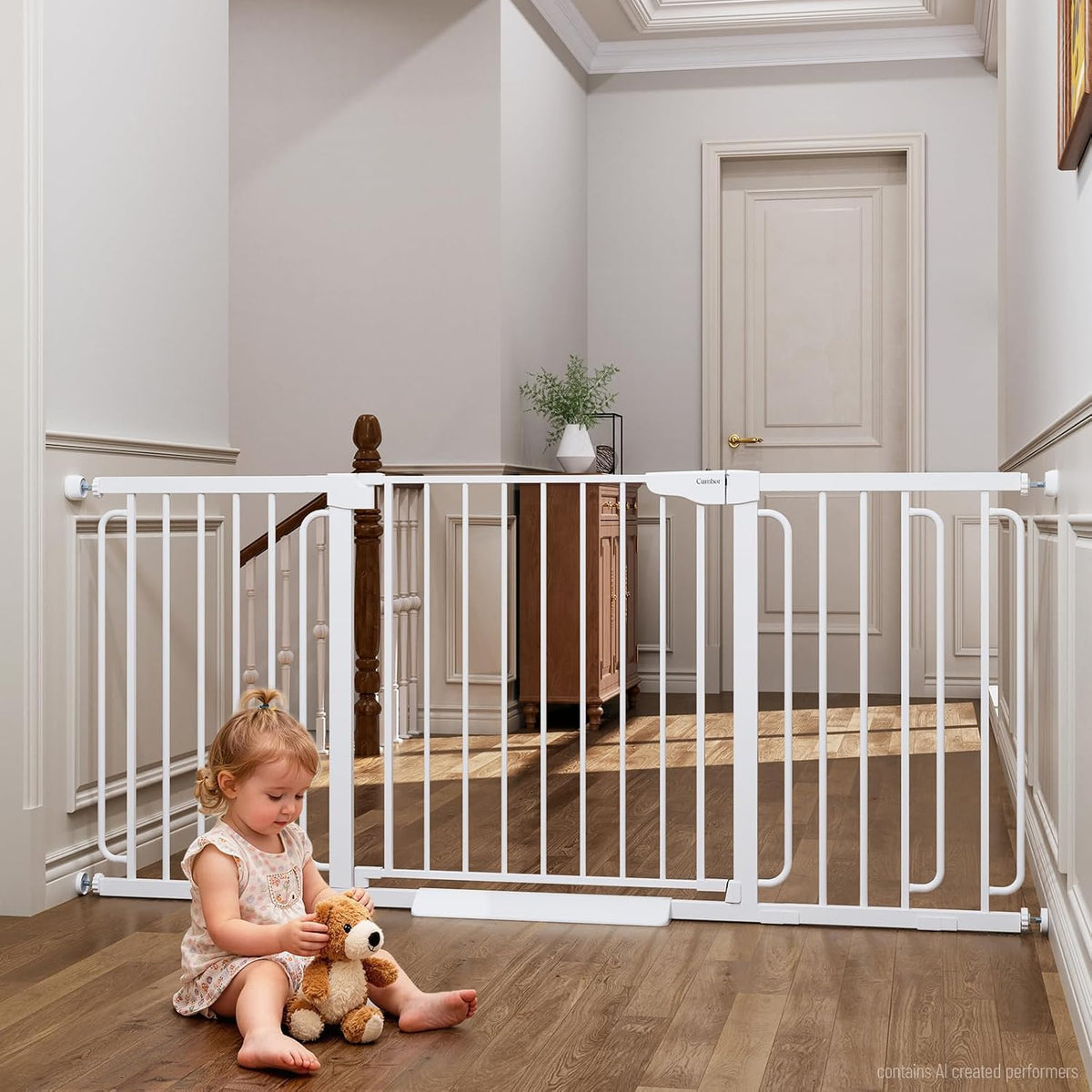 White safety gate blocking top of stairs with a toddler playing on the floor in front