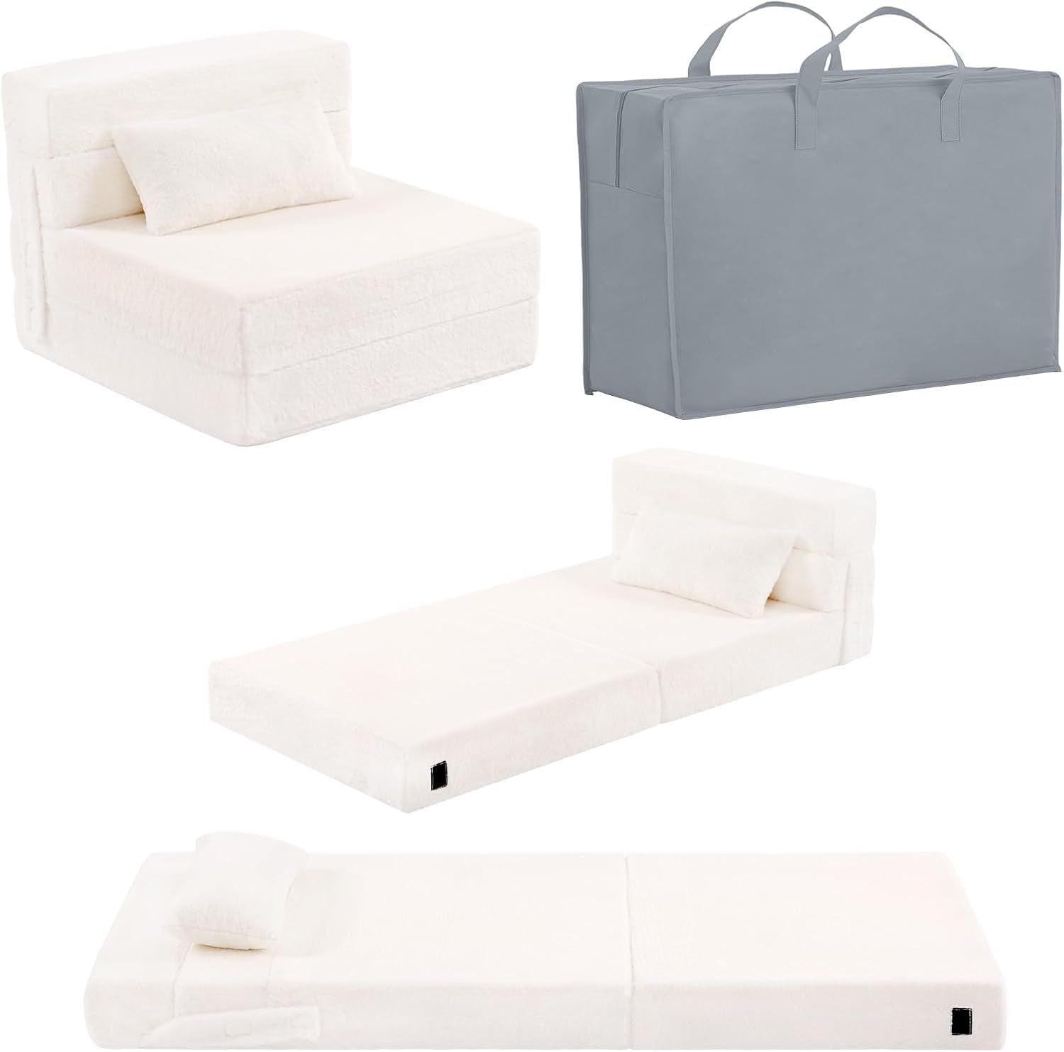White folding foam kids sofa displayed as compact chair, unfolded bed, flat mat, plus gray carry bag.