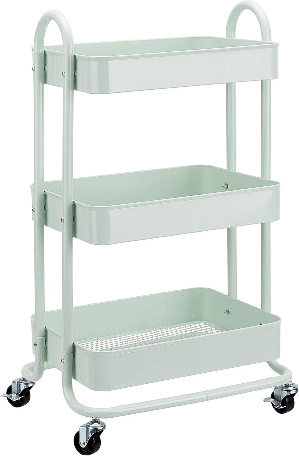 Three-tier mint green rolling utility cart with rectangular trays and four swivel caster wheels.