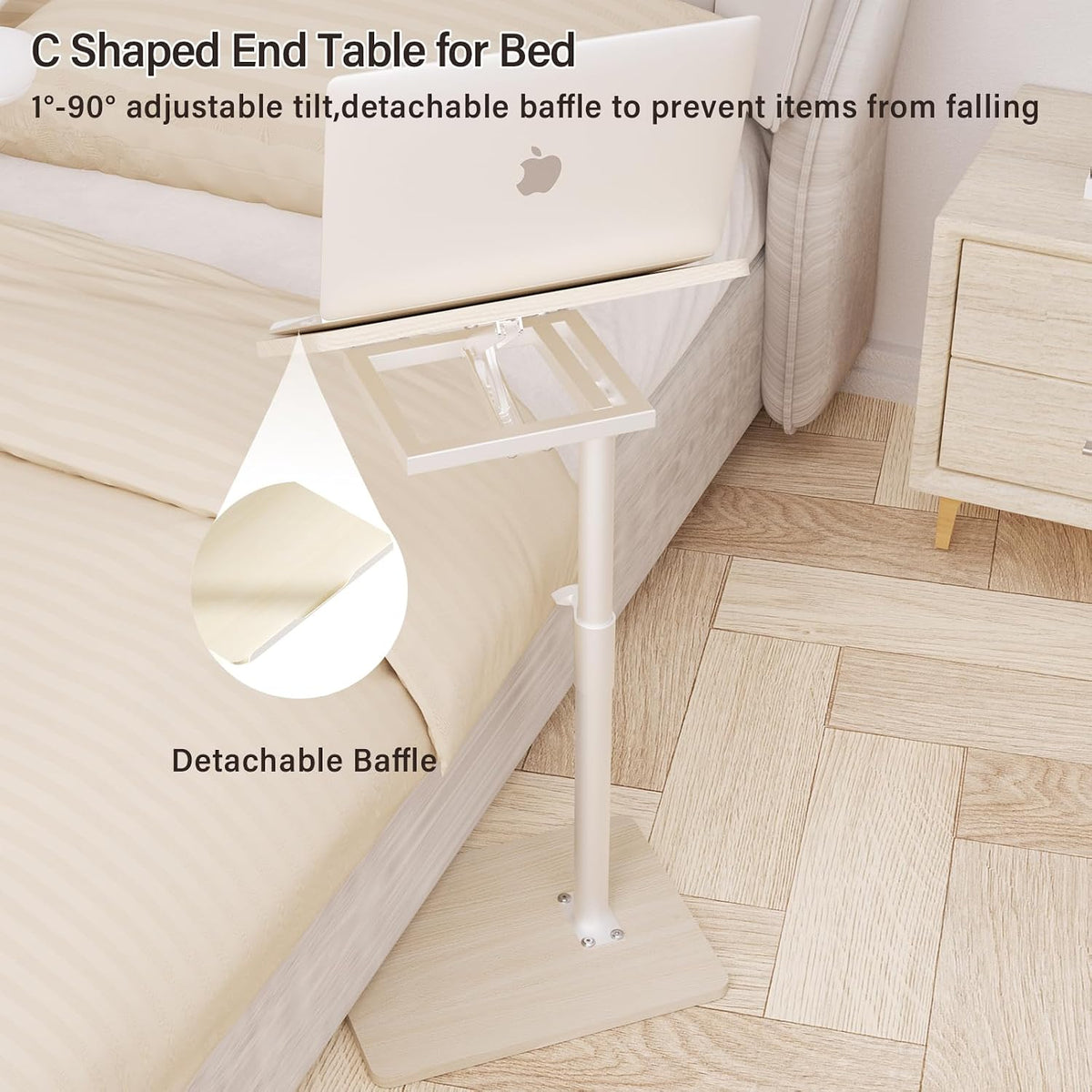 C-shaped end table next to a bed highlighting the detachable baffle and adjustable tilt