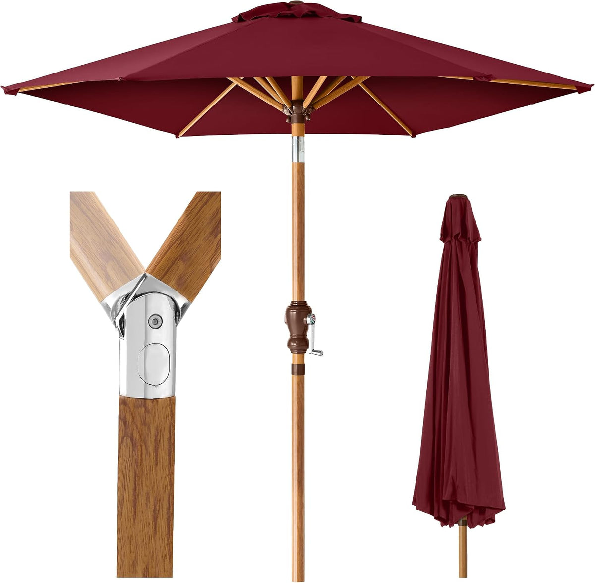 Opened burgundy market umbrella with wood pole, crank and folded canopy shown at right.