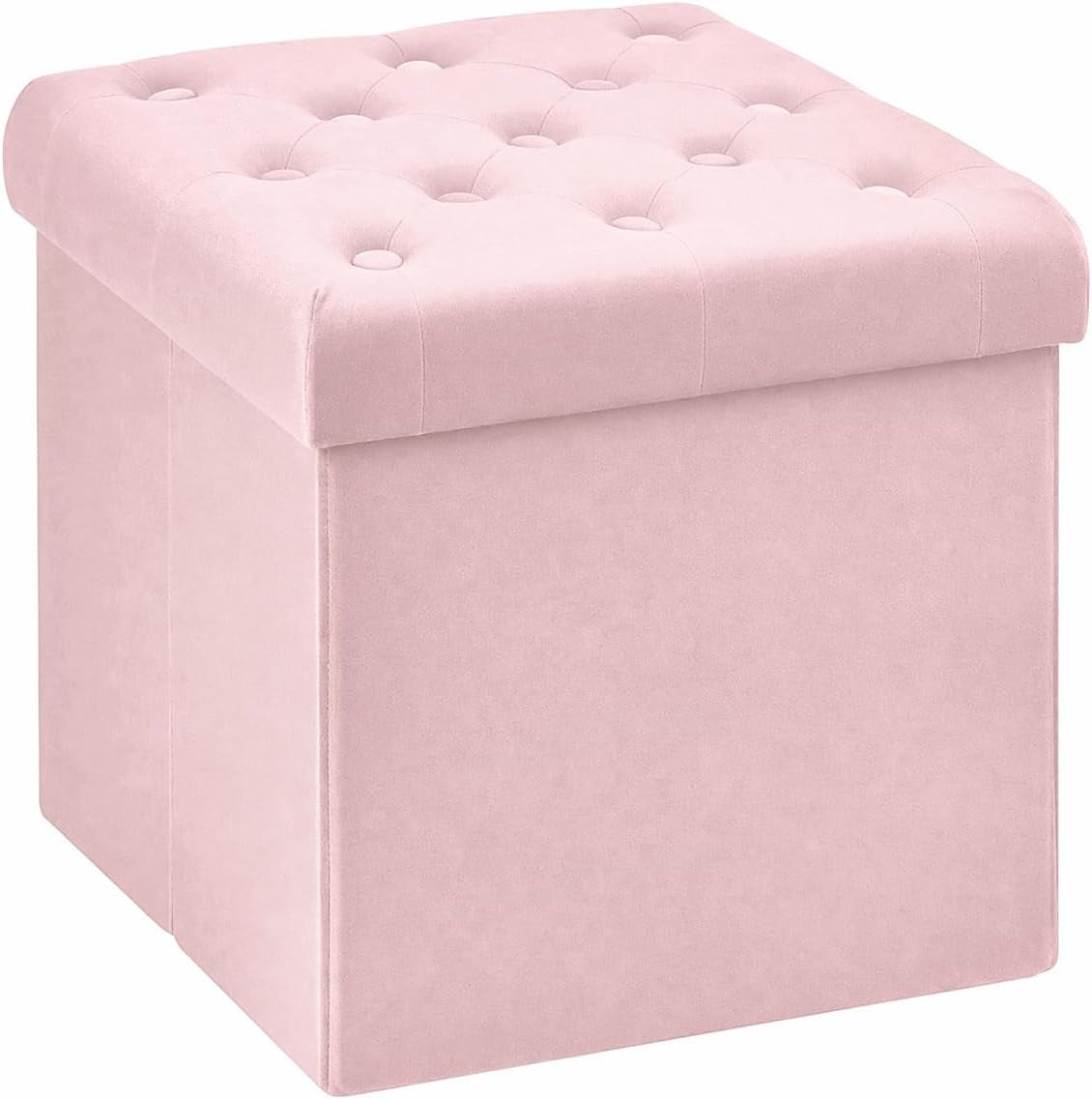 Pink velvet tufted square storage ottoman angled close-up showing top and side