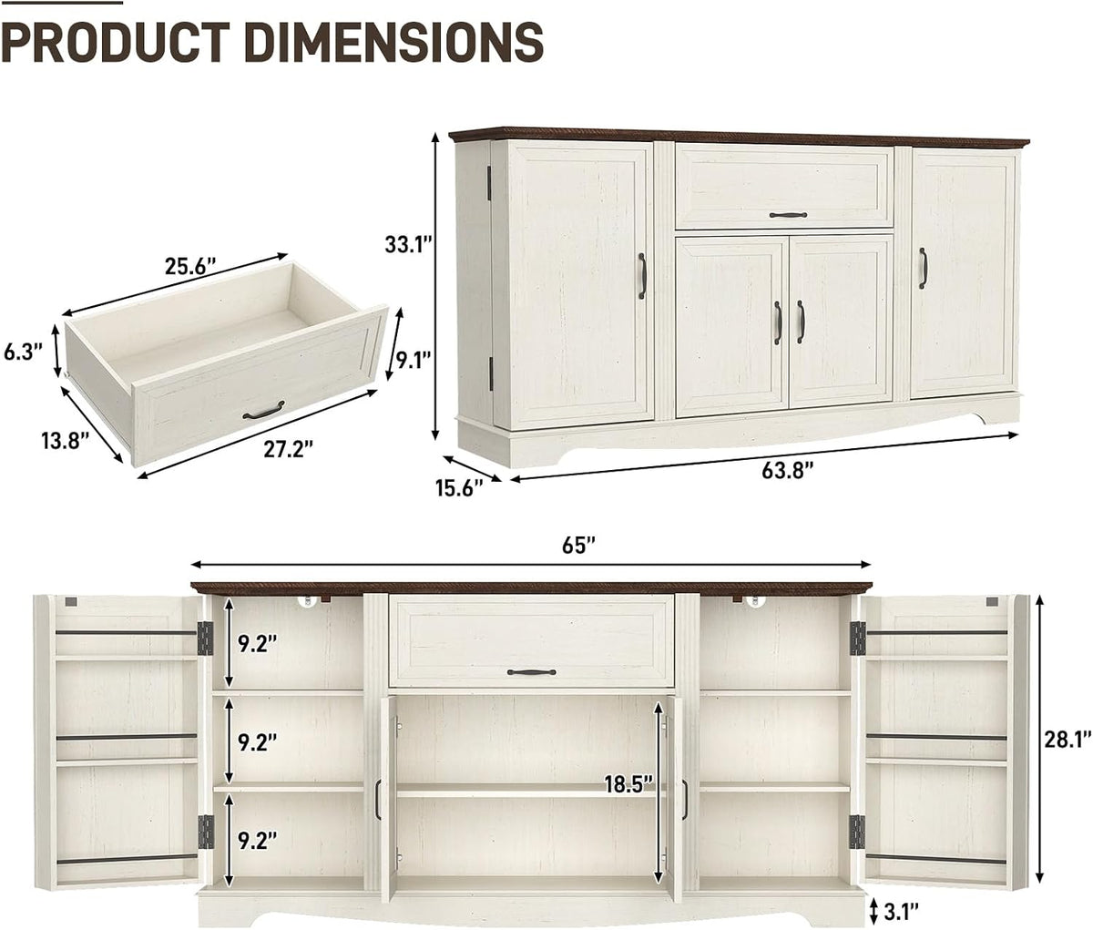 Diagram-style image showing sideboard and drawer measurements with front and internal shelf views