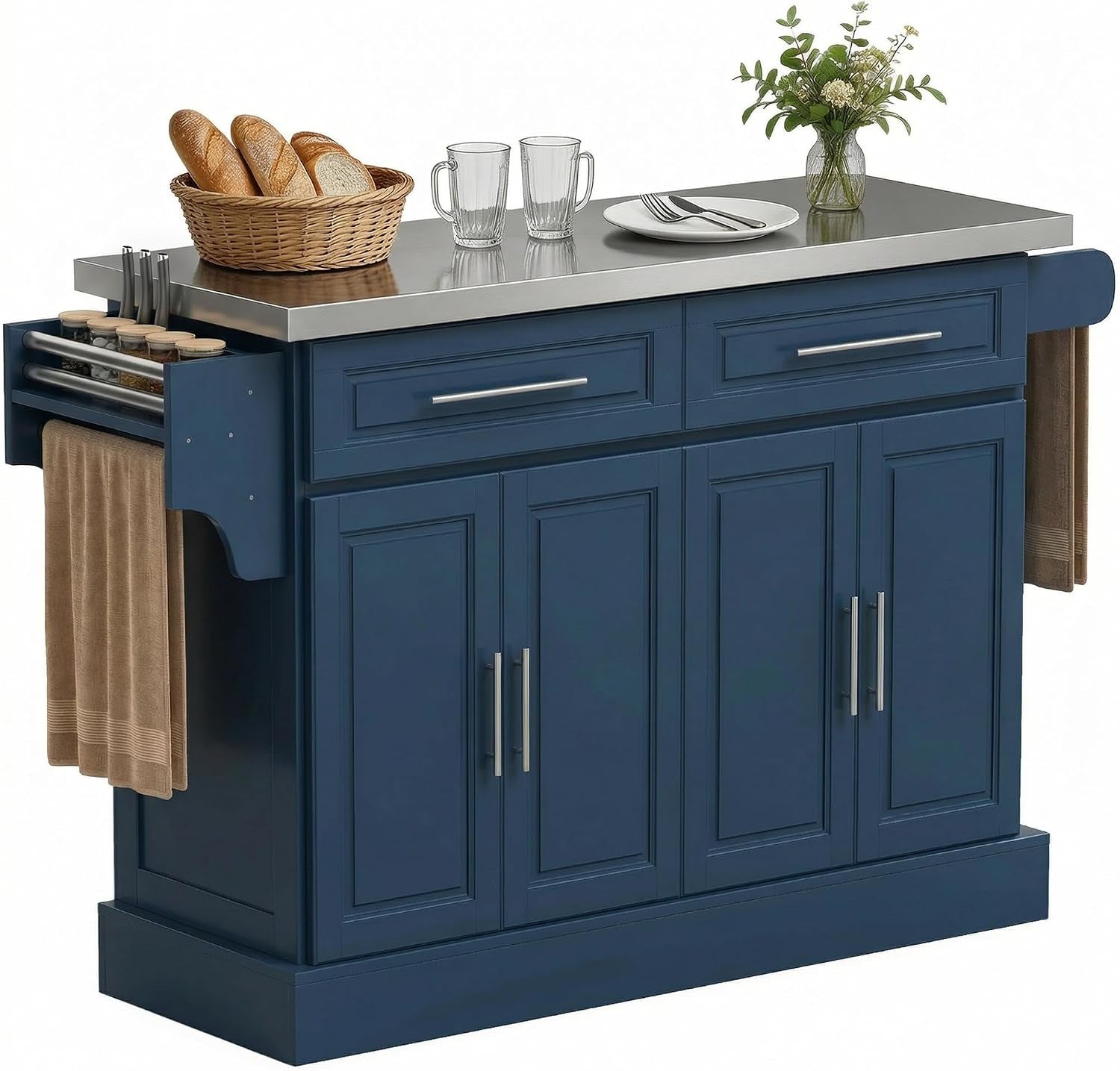 Navy blue kitchen island showing stainless top, drawers, cabinet doors and side towel and spice holders