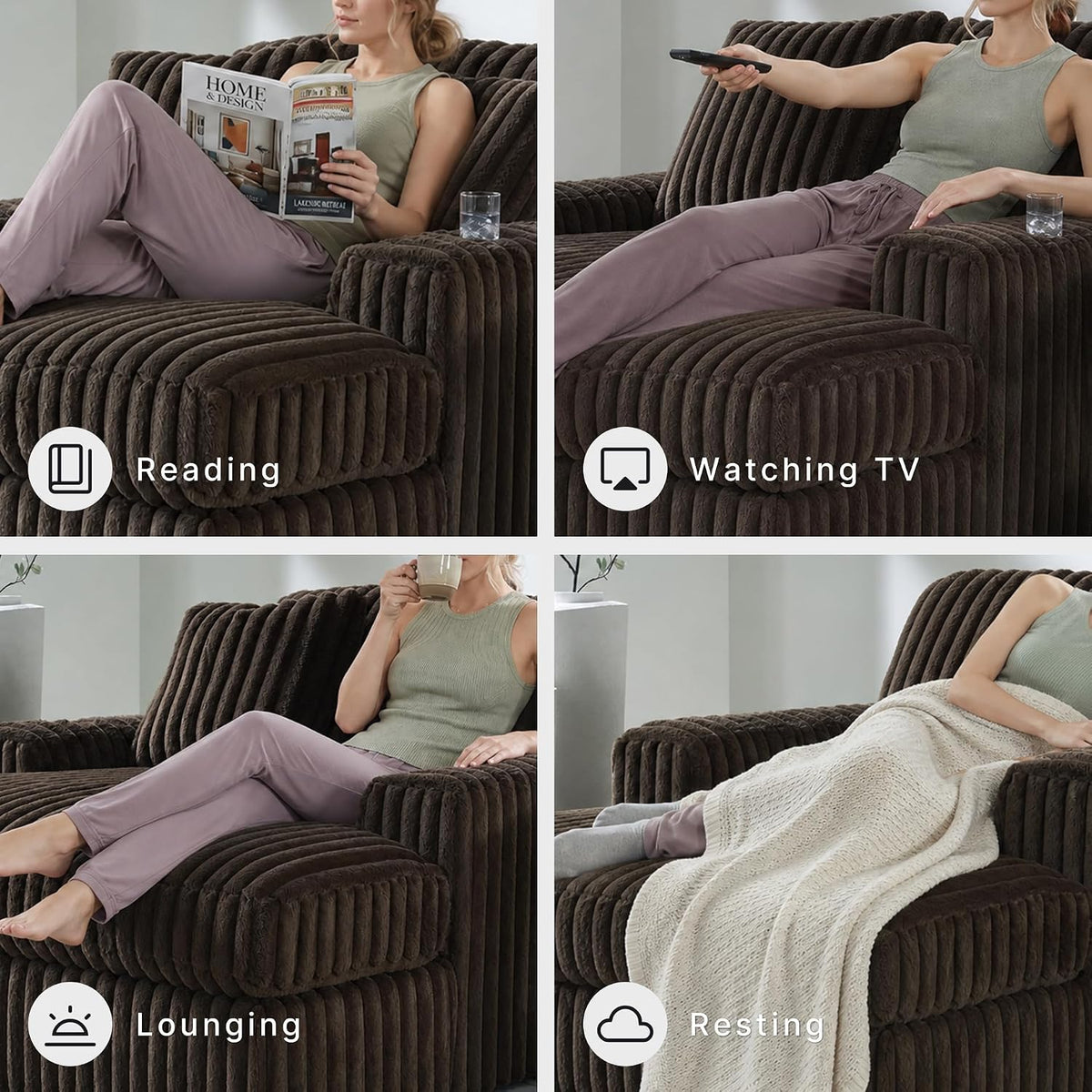 Four-panel collage of a woman using the oversized chaise—reading, watching TV, lounging, and resting with a throw.