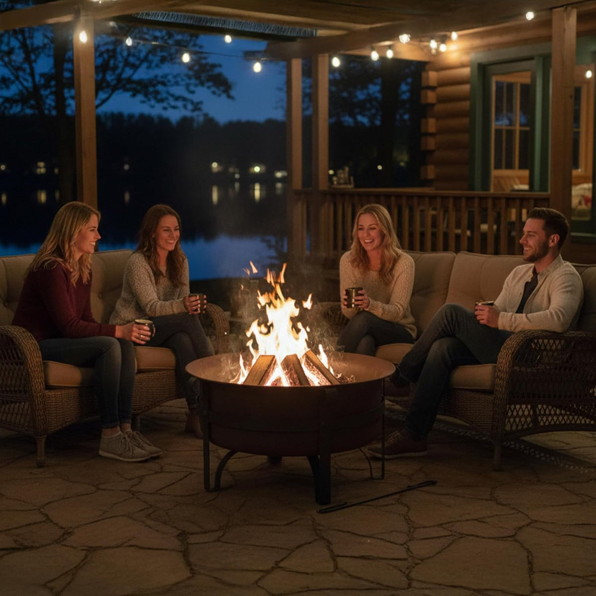 Four people seated around the lit fire pit on a covered lakeside patio under string lights