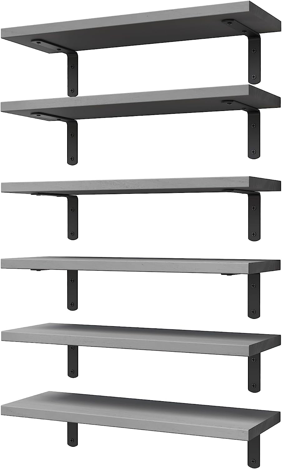 Six grey floating shelves shown from a low angle highlighting black metal L-brackets