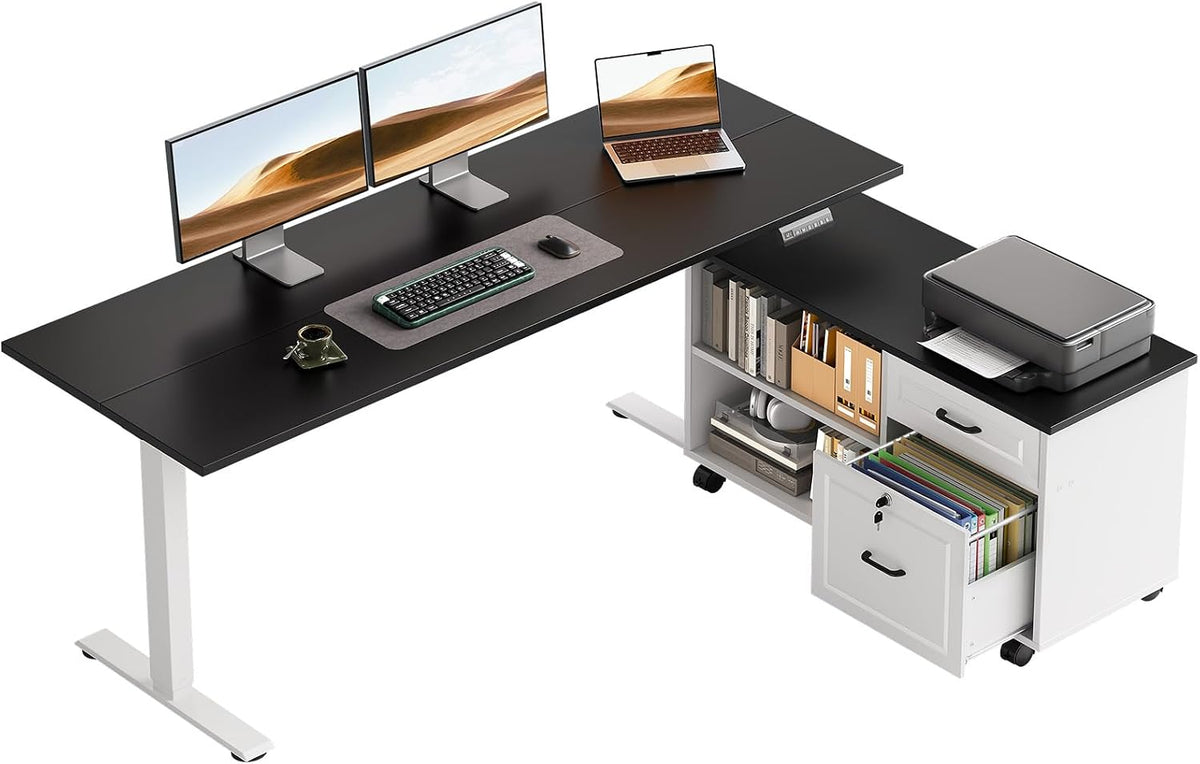 Black-top L-shaped electric desk with white cabinet, printer on cabinet and three monitors