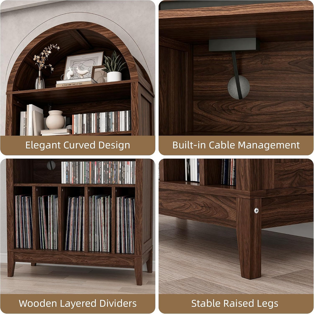 Four close-up shots: arched top shelf, cable grommet, vertical record cubbies, and a raised wooden leg in walnut finish.