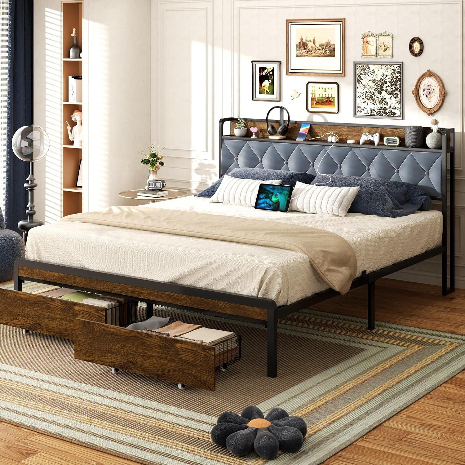 Angled room view of the velvet-upholstered platform bed with both storage drawers extended