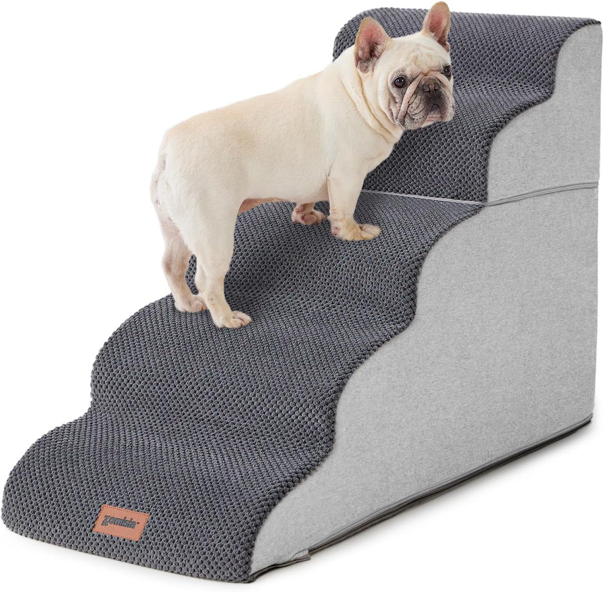 Grey fleece pet stairs angled front view with a small cream French bulldog standing on the steps