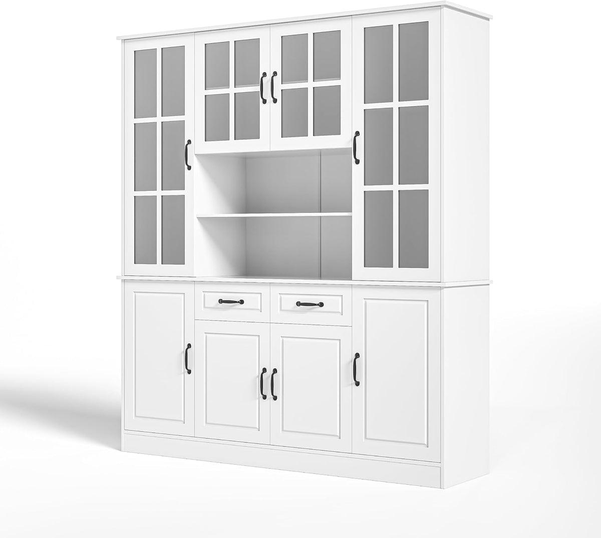 Front view of a tall white hutch with glass-paneled upper doors, open middle shelf space, and lower cabinets and drawers.