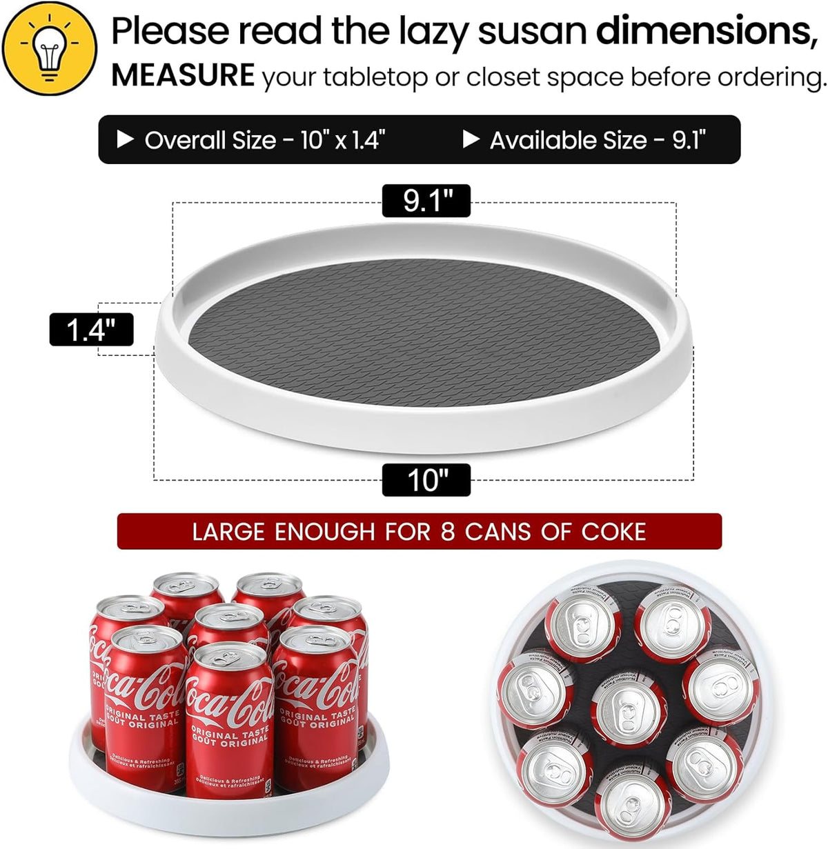 10-inch turntable diagram showing 10" overall width, 9.1" inner usable diameter and cans displayed
