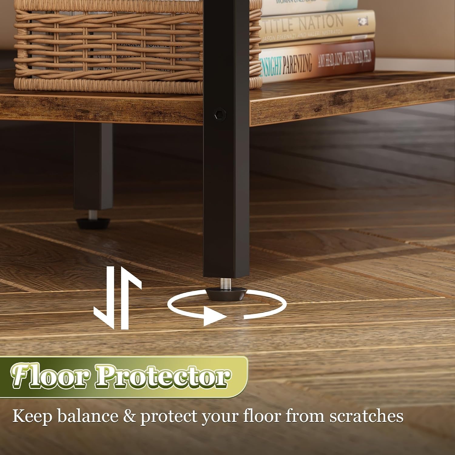 Close-up of a metal leg with adjustable plastic floor protector on wood flooring
