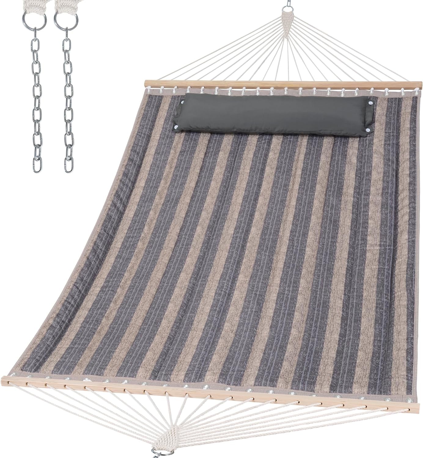 Dark grey and beige vertical-striped quilted hammock shown with a dark charcoal detachable pillow.