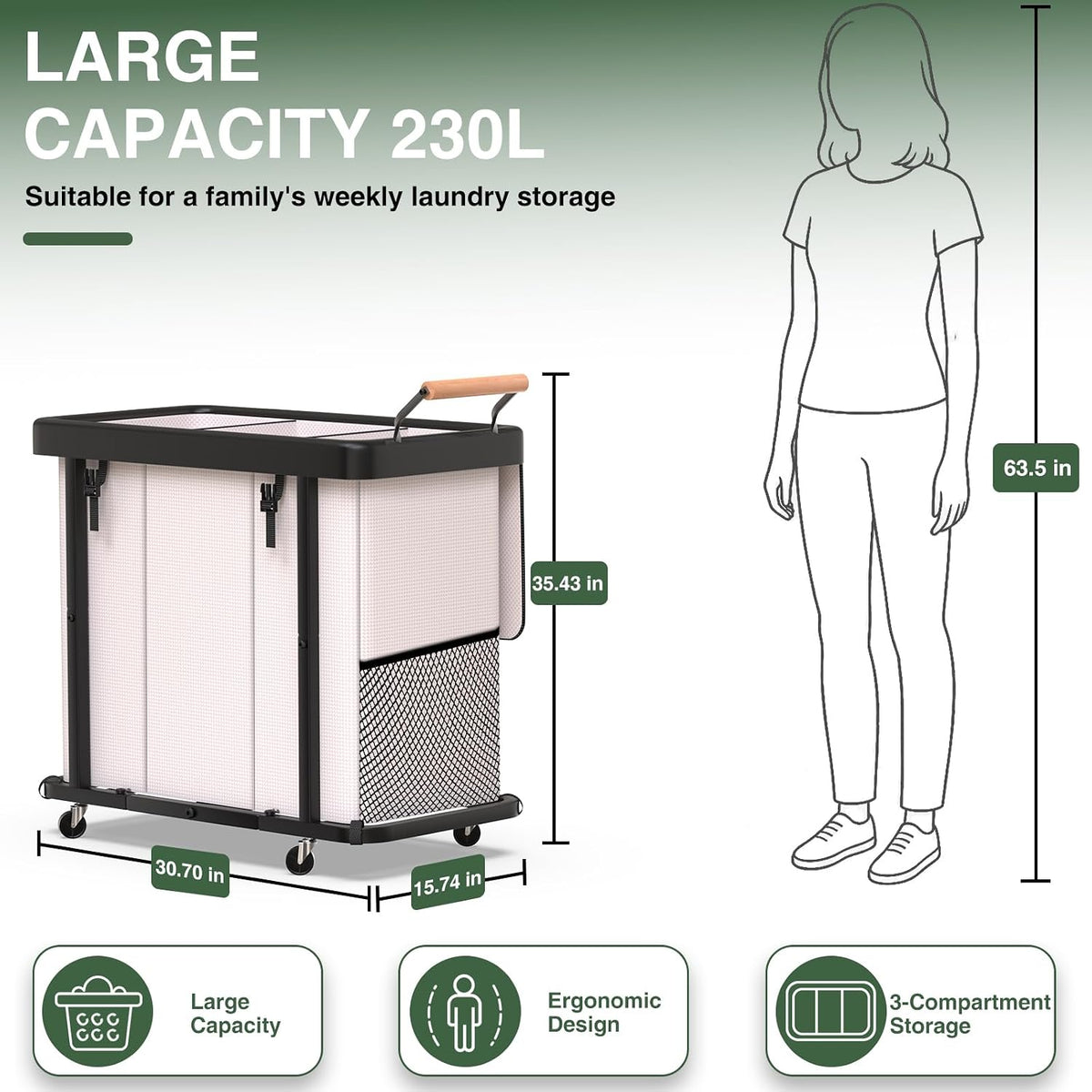 Three-compartment sorter shown upright on wheels with a mesh pocket and visible capacity and usage callouts