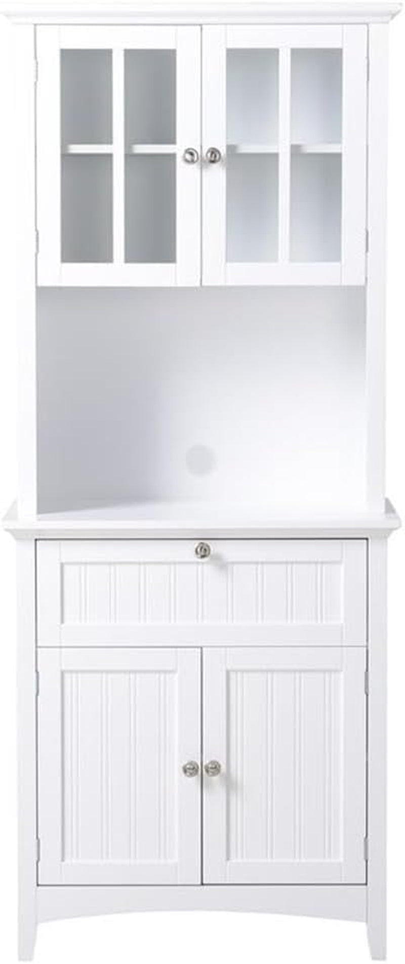 Straight-on front view of the white farmhouse hutch showing glass doors and open work area