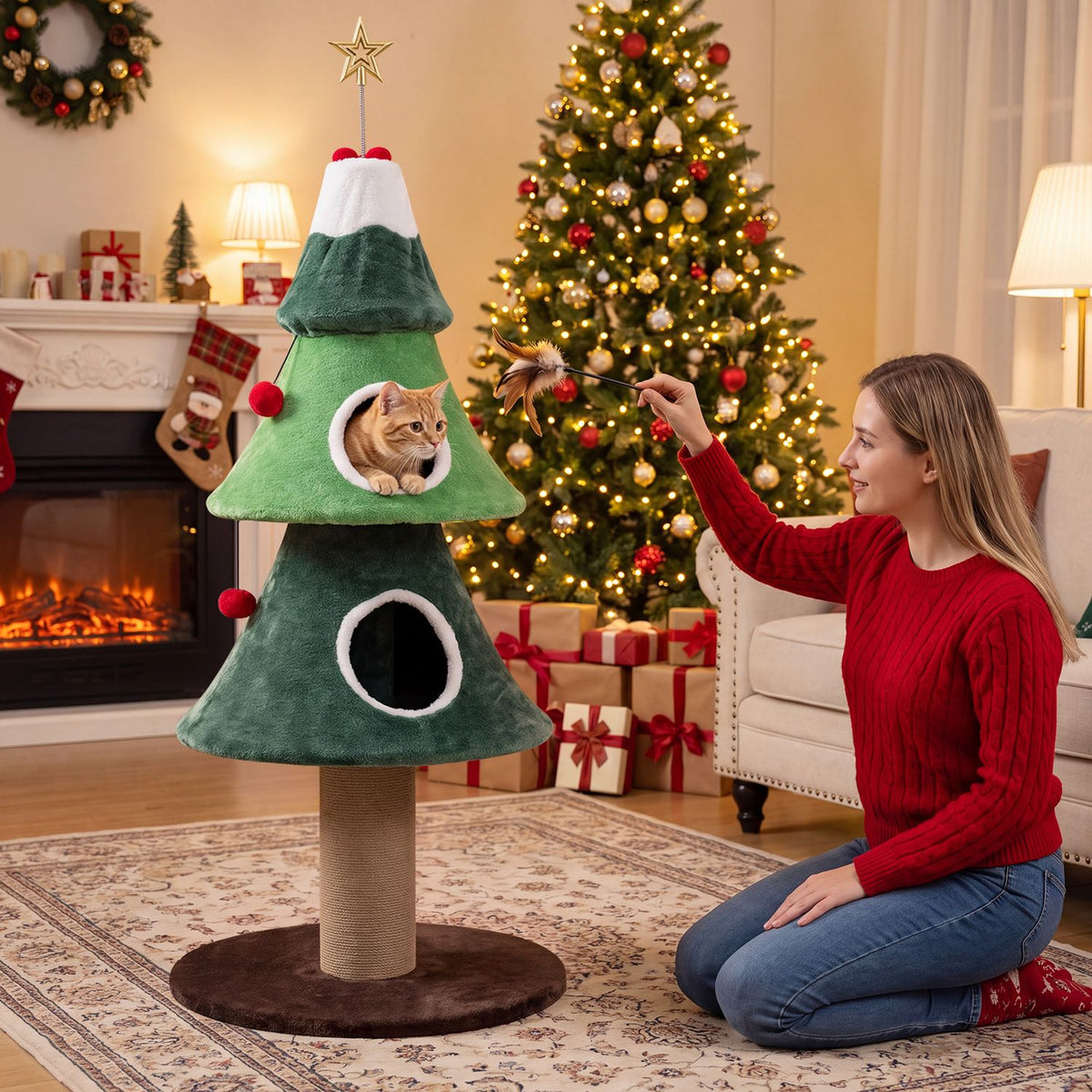 A woman kneels beside the green tree-shaped cat tower and plays with a cat peeking from an opening.