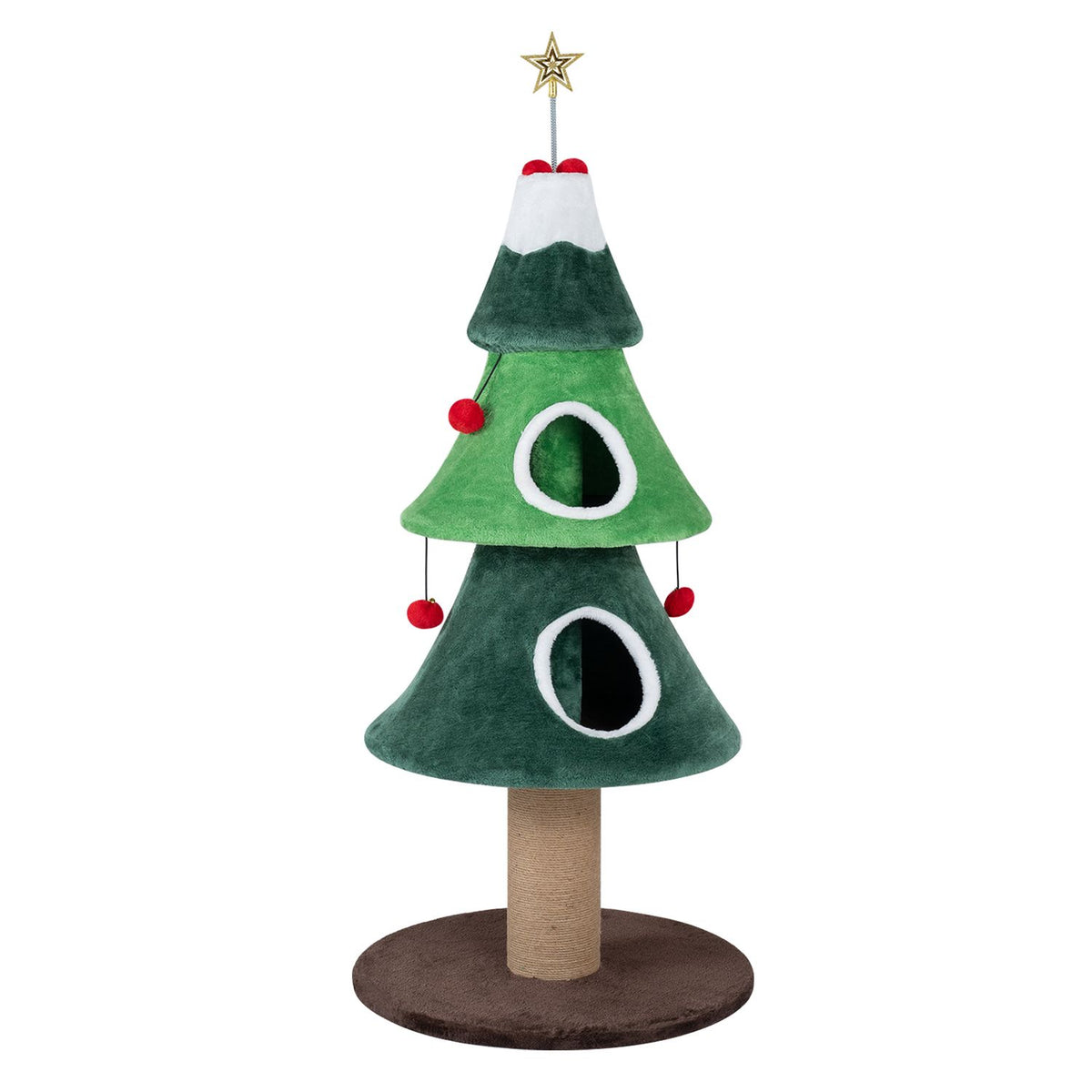 Green tree-shaped cat tower with two round openings, dangling red pom-poms, a jute-wrapped post and round base.