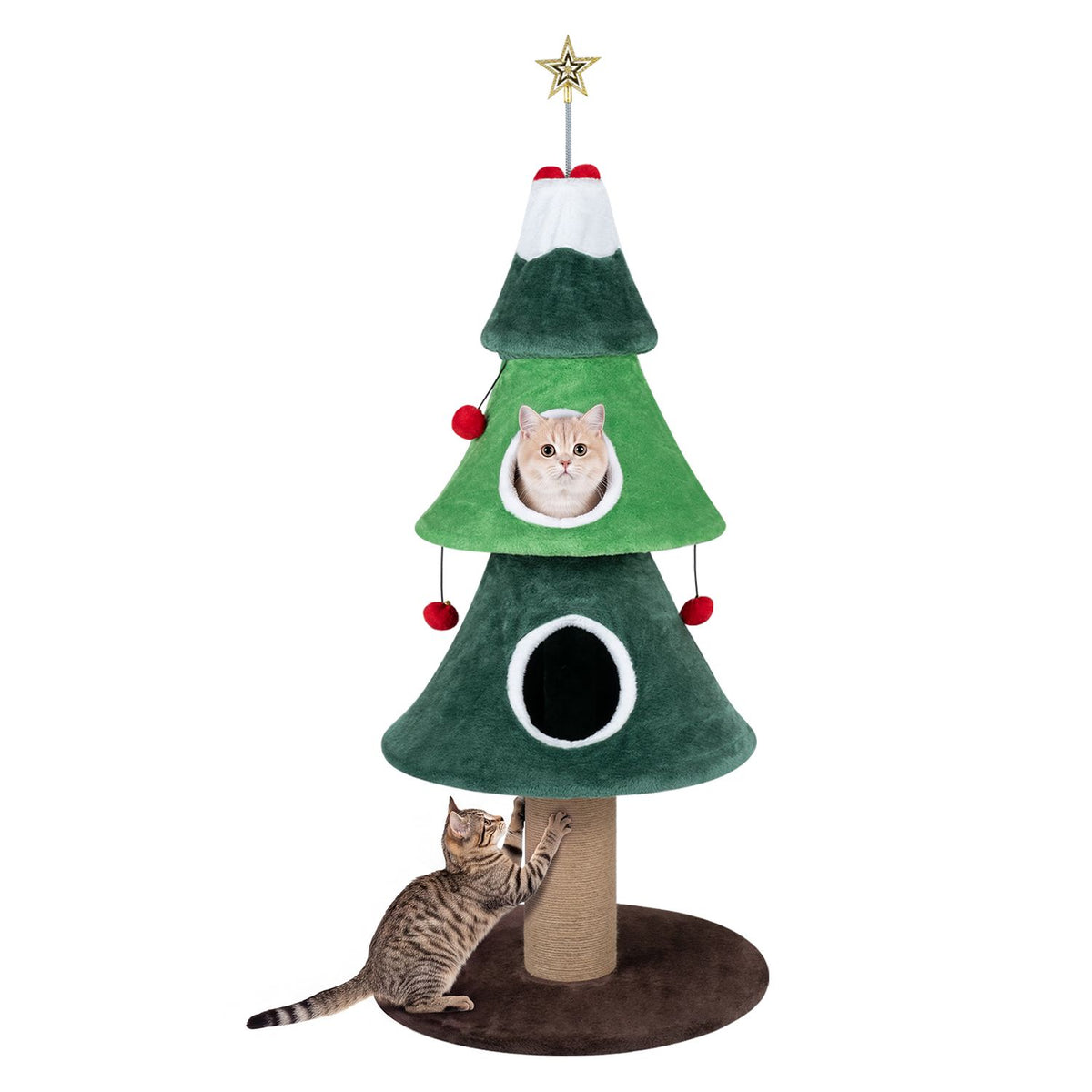 Two cats perch in and beside a green tree-shaped cat tower with round openings and a jute-wrapped post.
